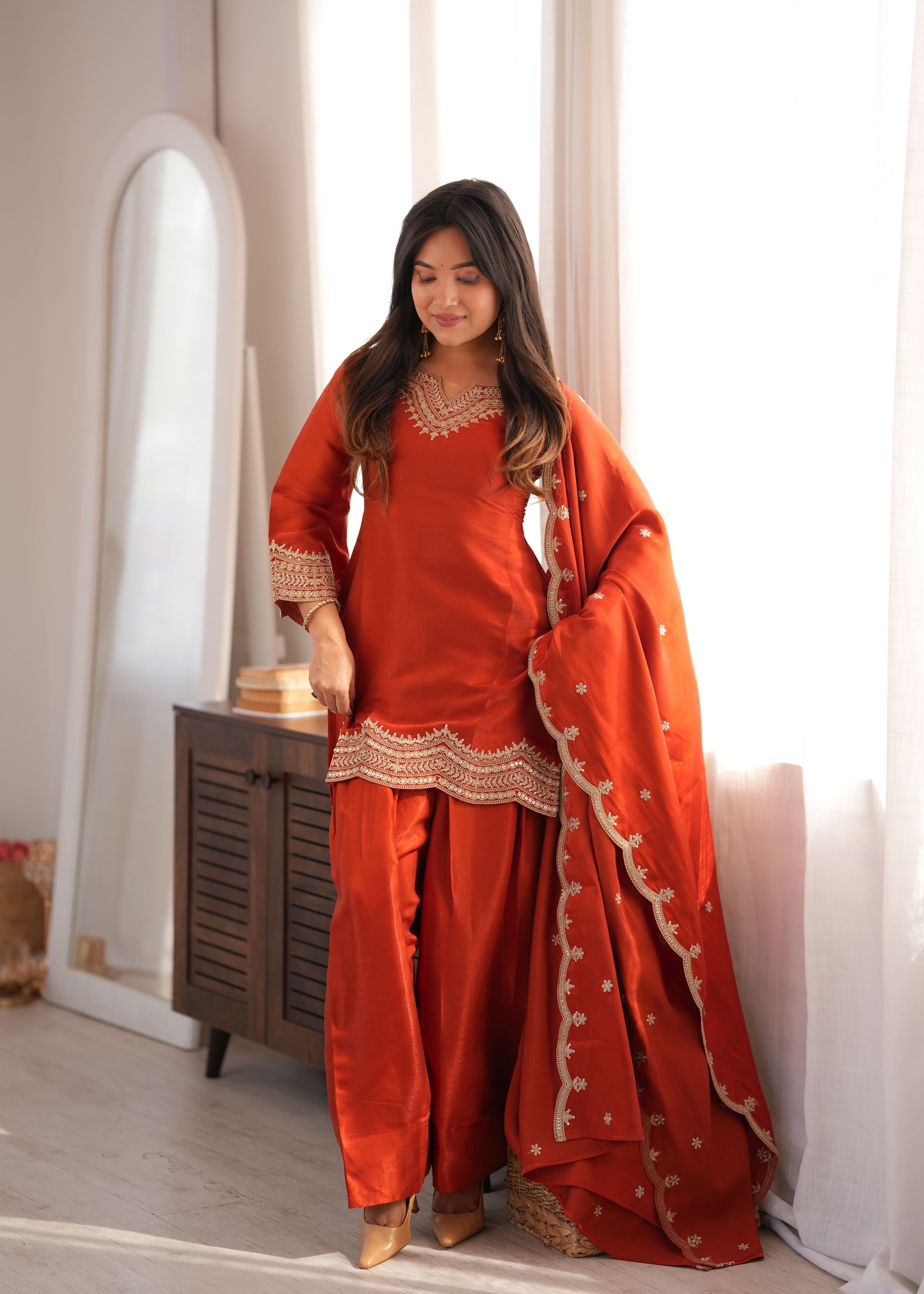 Burnt Orange Glass Roman Silk Embroidered Kurta Set with Farshi Shalwar & Shawl Dupatta | Ready to Wear