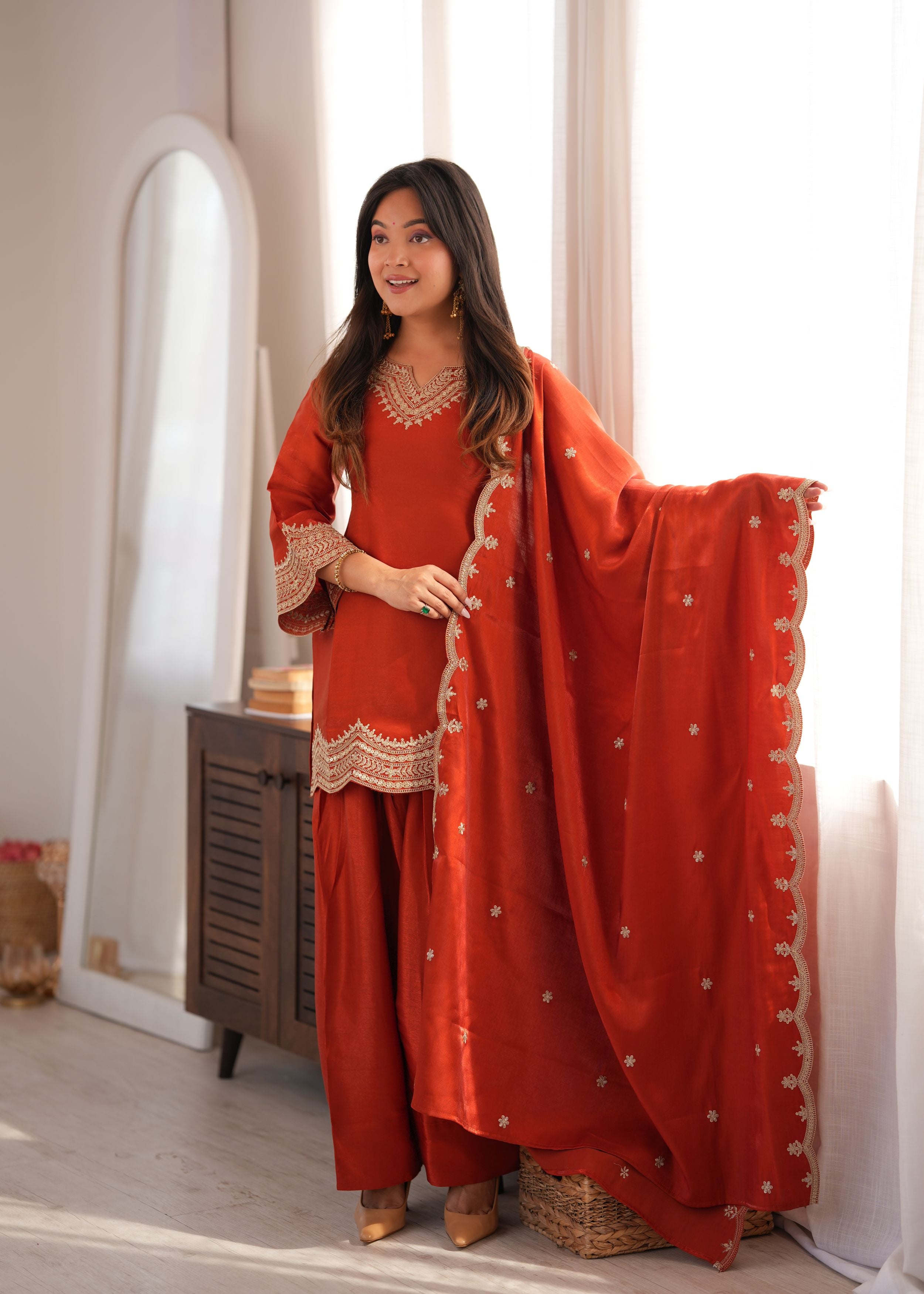 Burnt Orange Glass Roman Silk Embroidered Kurta Set with Farshi Shalwar & Shawl Dupatta | Ready to Wear