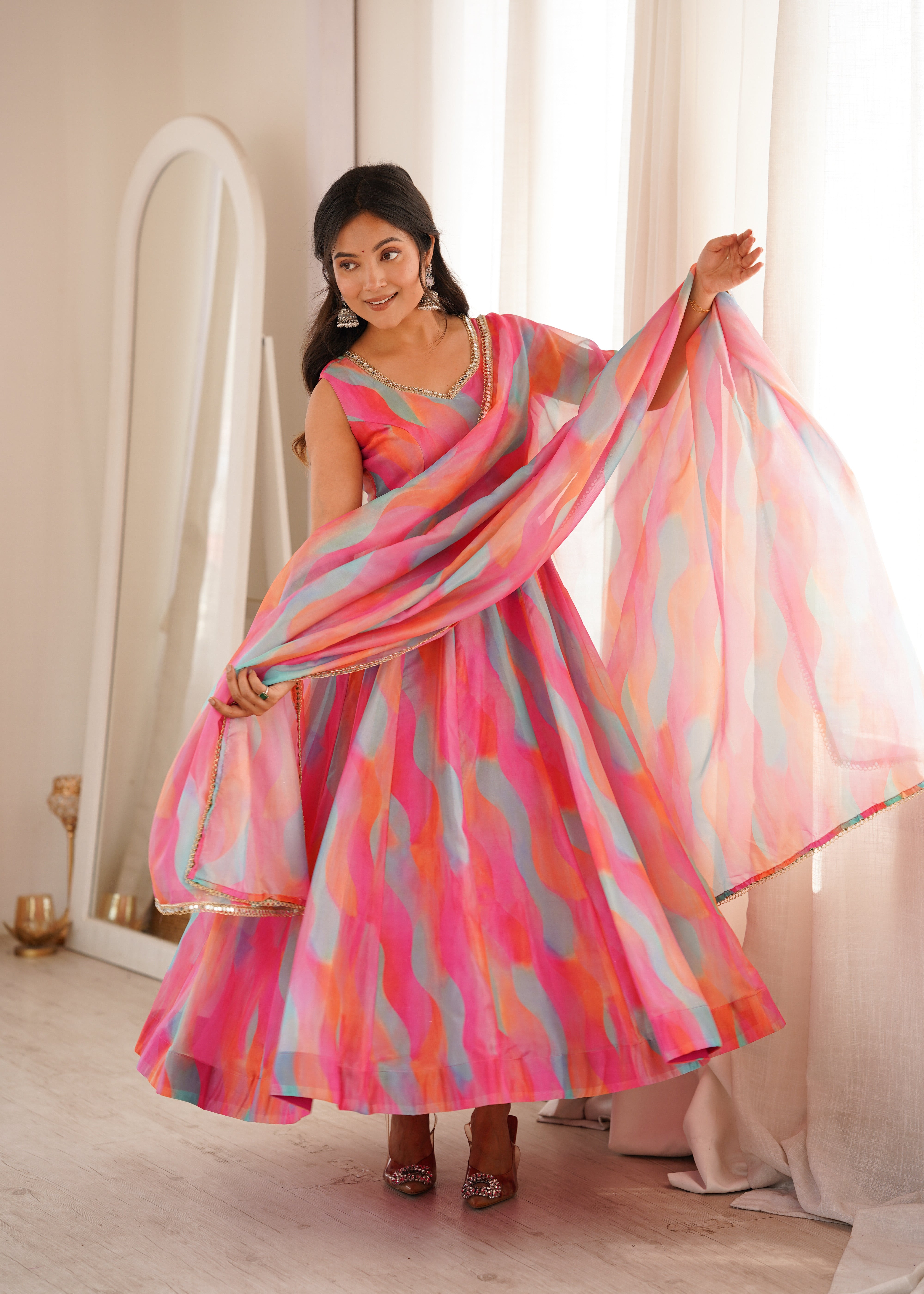 Candy Pink Abstract Printed Tebi Organza Anarkali Gown Set with Mirror Lace Dupatta