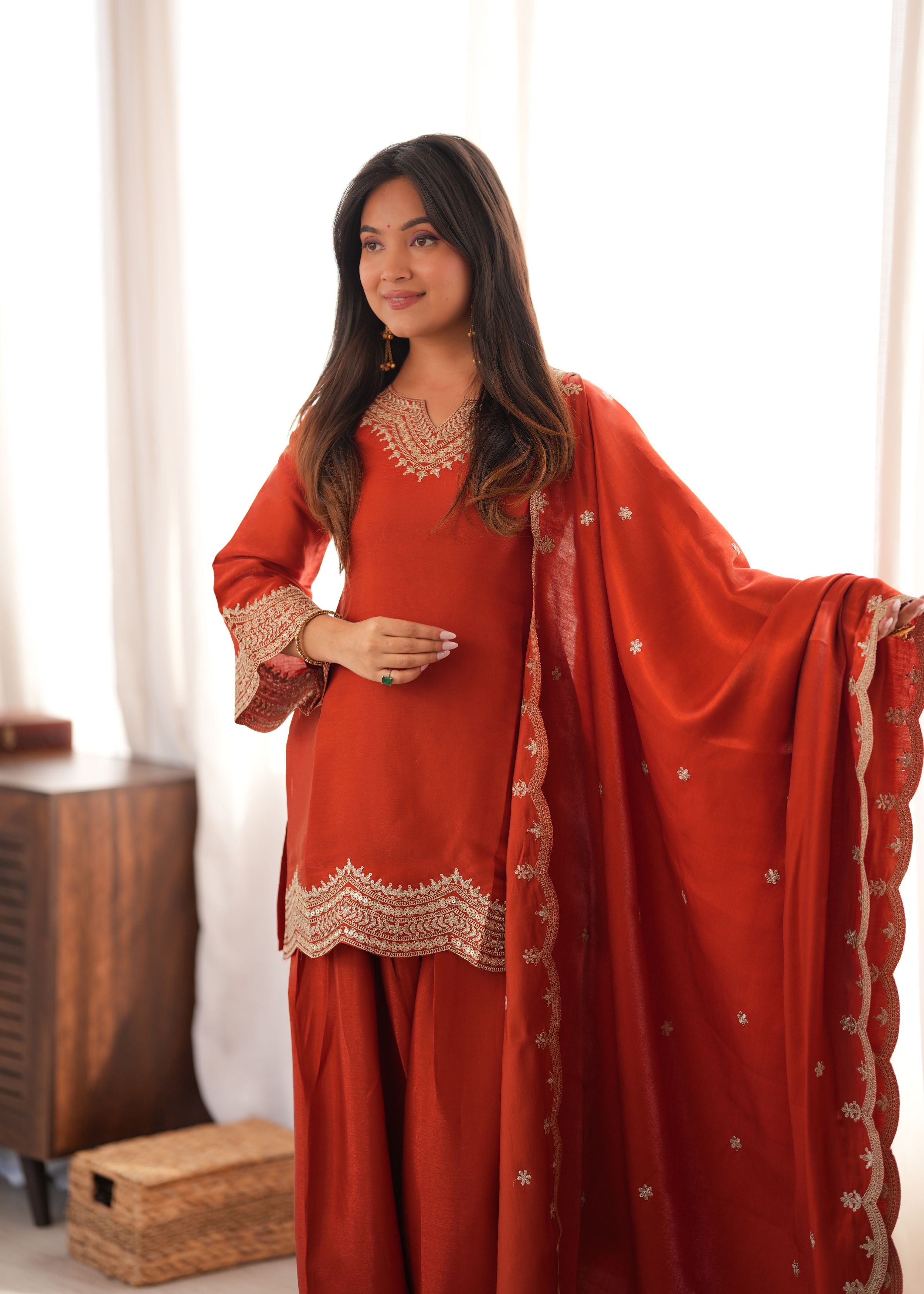 Burnt Orange Glass Roman Silk Embroidered Kurta Set with Farshi Shalwar & Shawl Dupatta | Ready to Wear