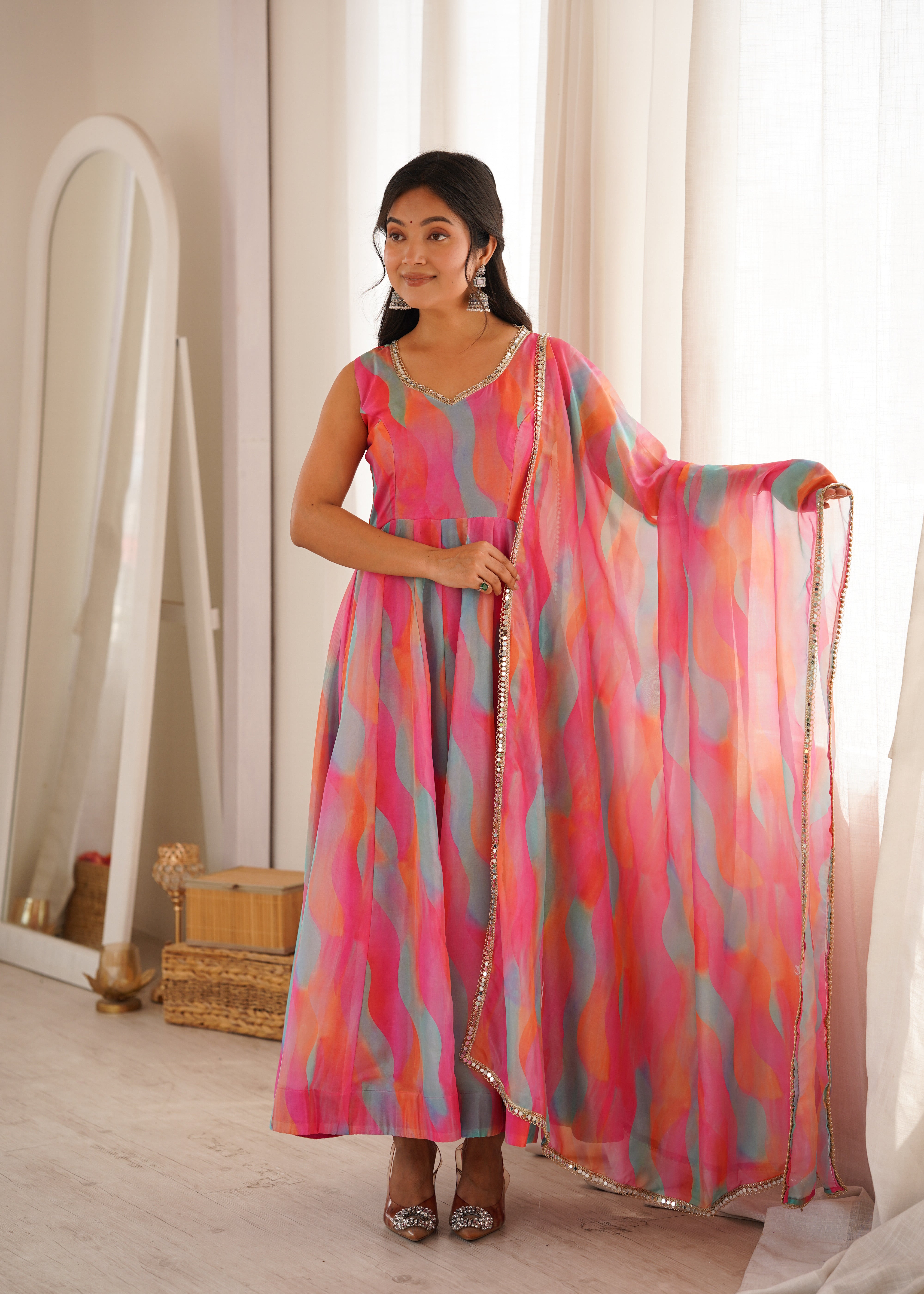 Candy Pink Abstract Printed Tebi Organza Anarkali Gown Set with Mirror Lace Dupatta