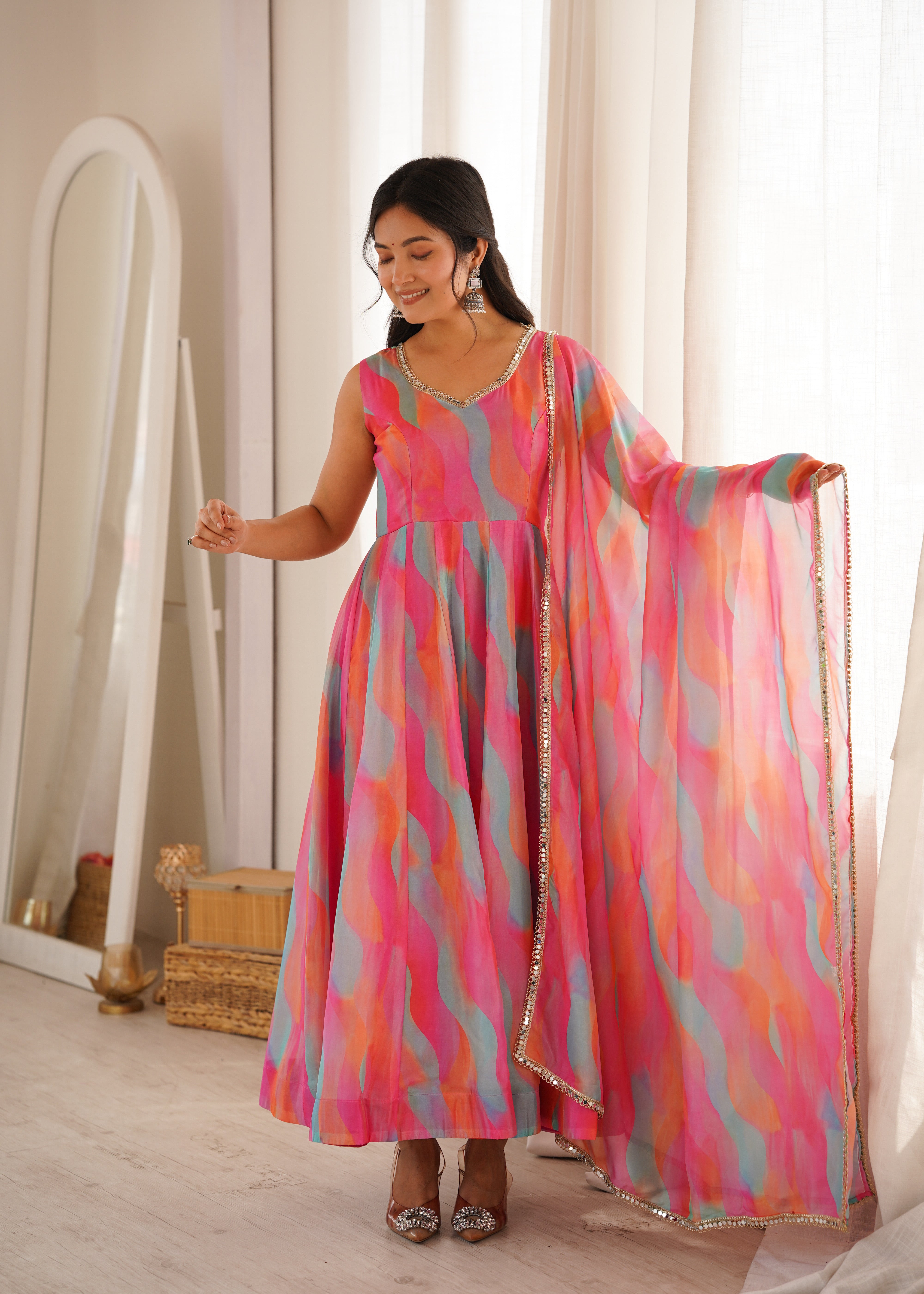 Candy Pink Abstract Printed Tebi Organza Anarkali Gown Set with Mirror Lace Dupatta