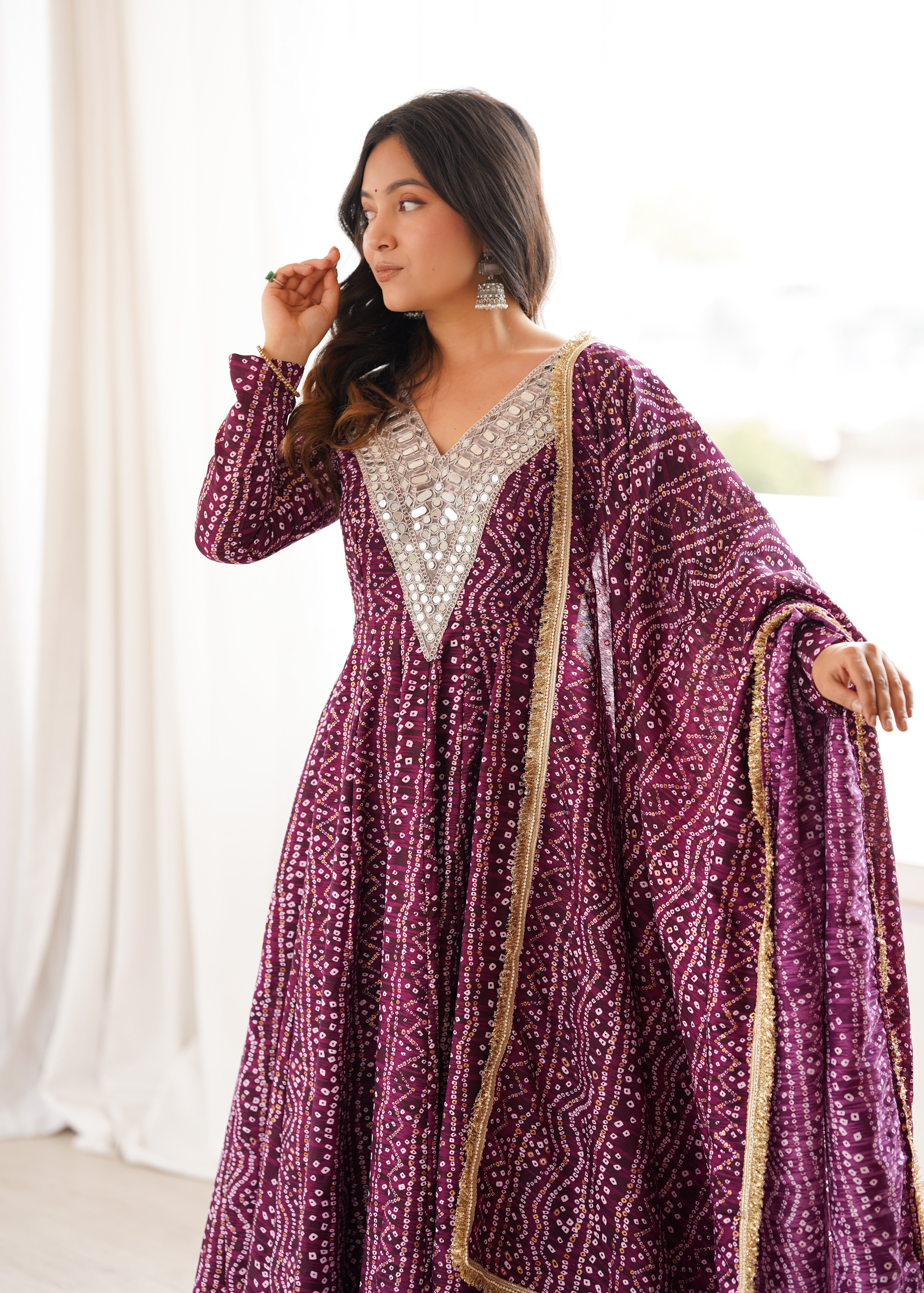 Wine Mirror Embroidered Rayon Anarkali Gown Set with Dupatta & Pant