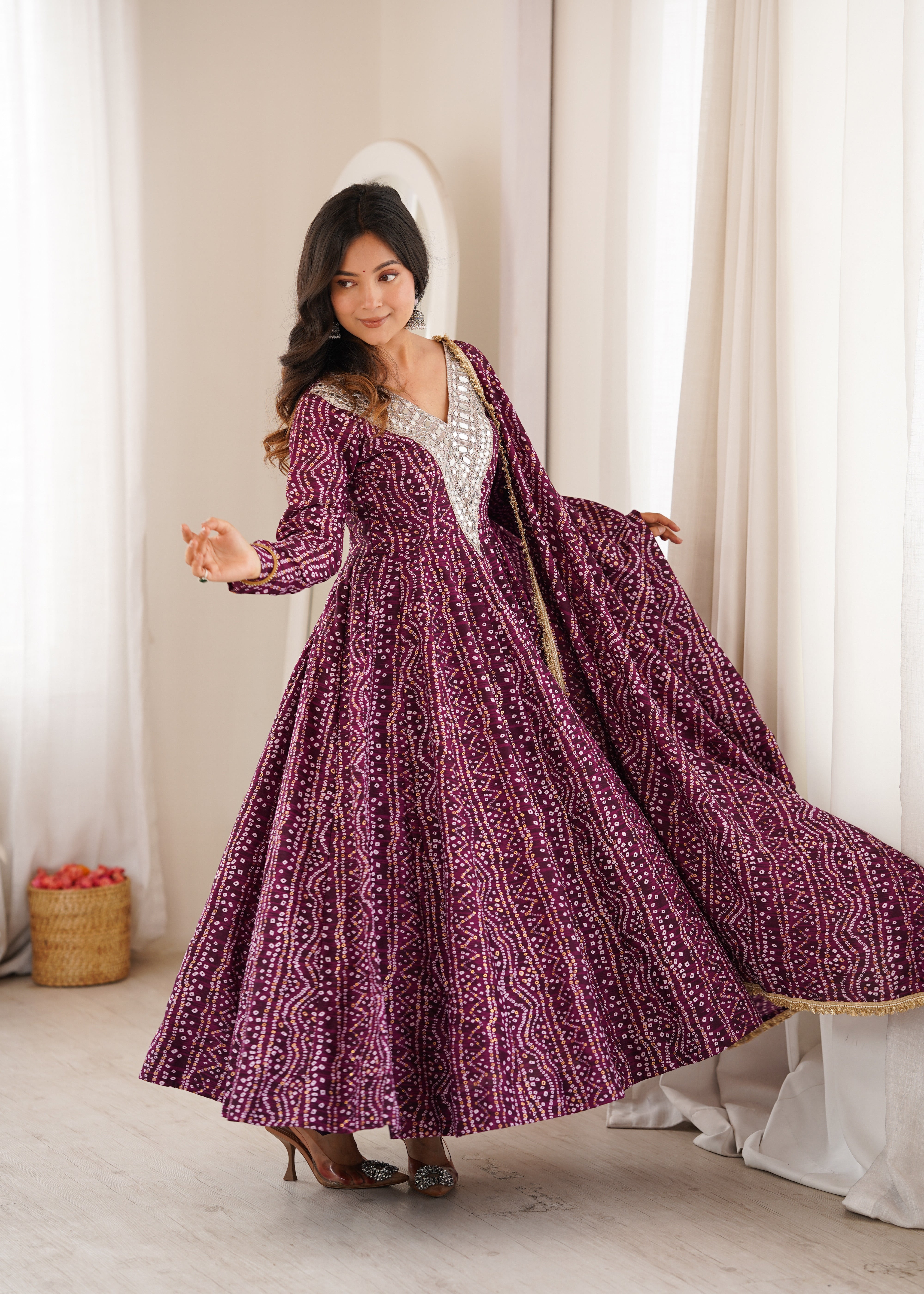 Wine Mirror Embroidered Rayon Anarkali Gown Set with Dupatta & Pant