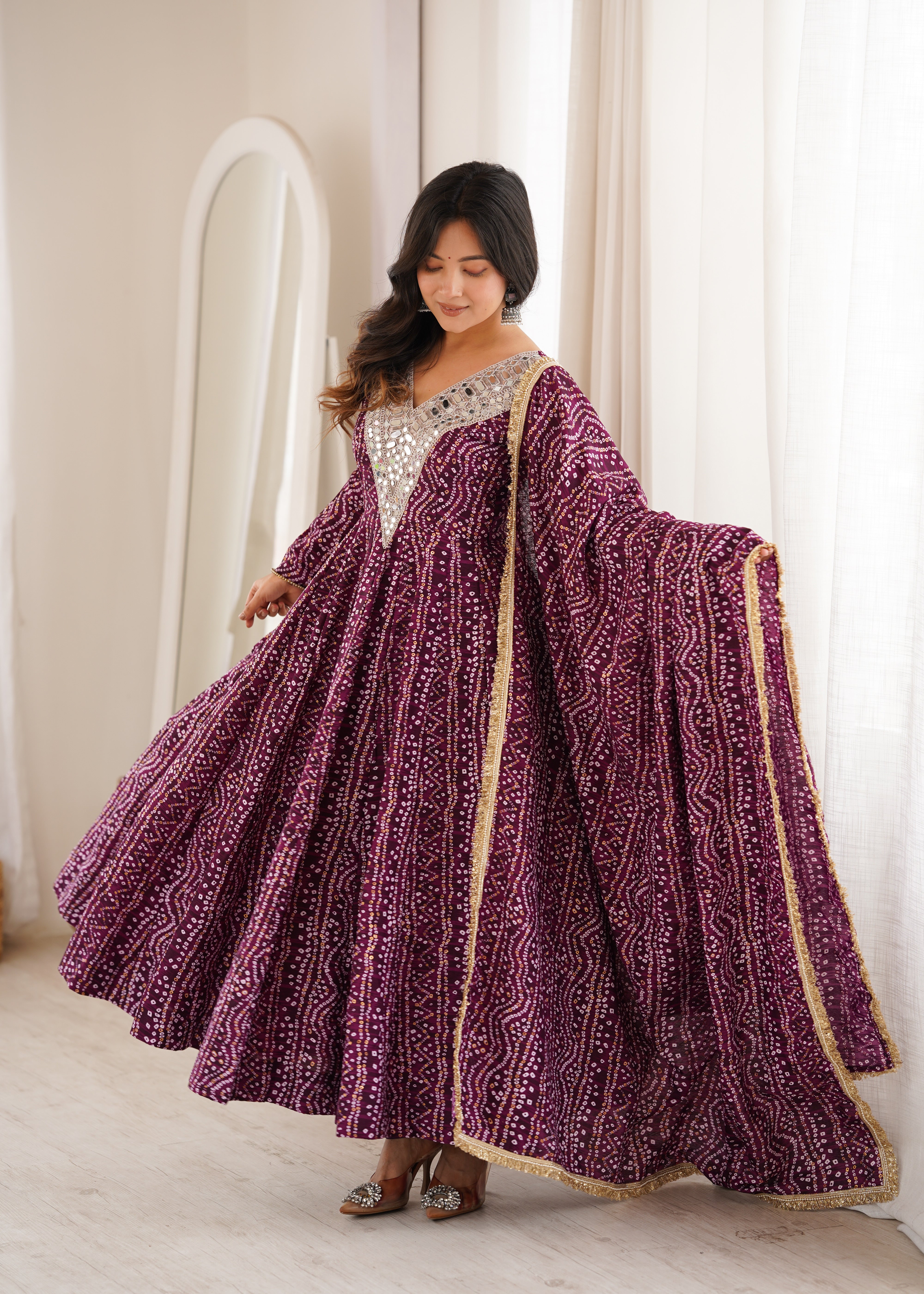 Wine Mirror Embroidered Rayon Anarkali Gown Set with Dupatta & Pant