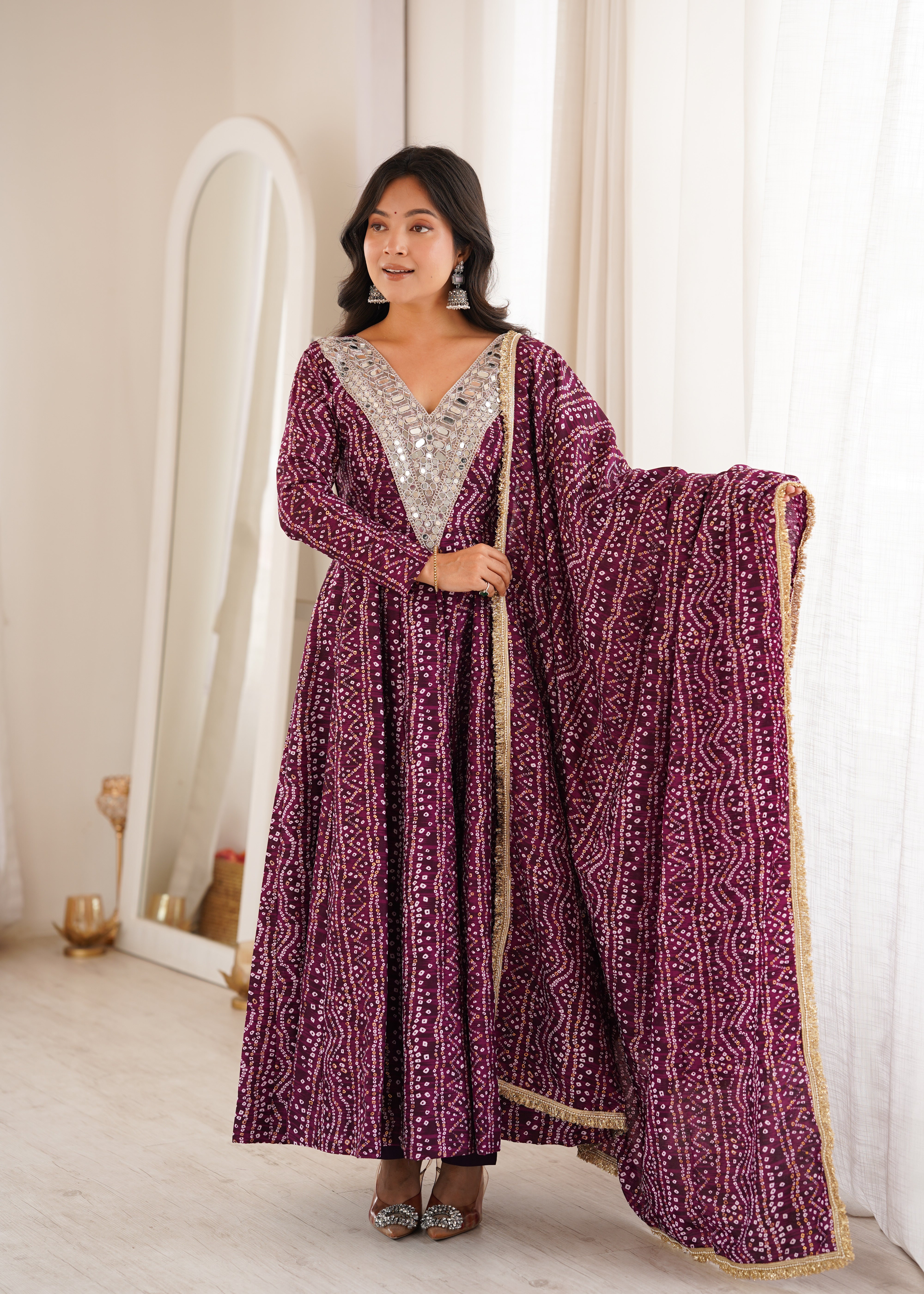 Wine Mirror Embroidered Rayon Anarkali Gown Set with Dupatta & Pant