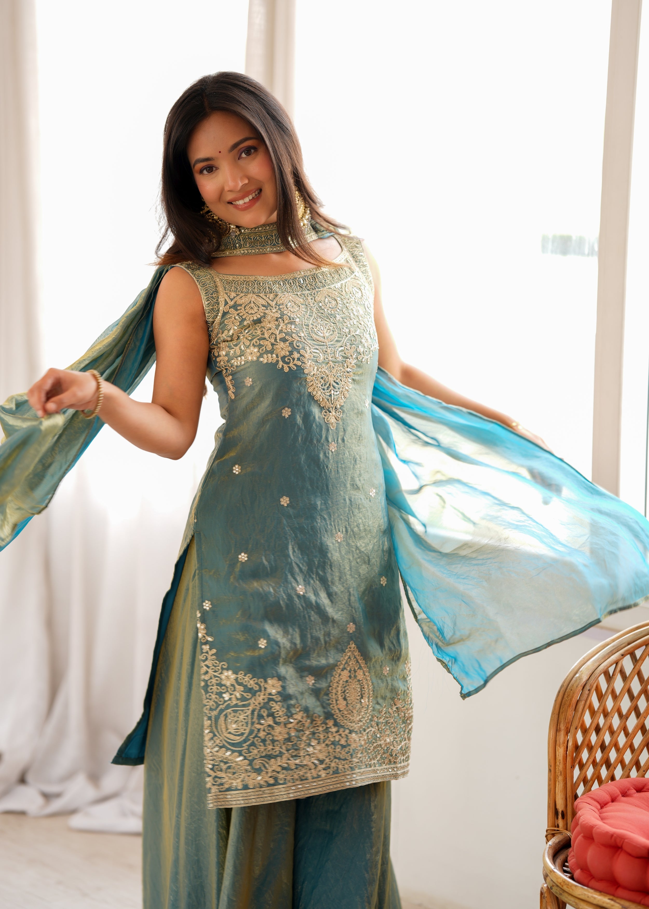 Dusty Teal Pure Fendy Silk Sharara Suit with Embroidery Sequence Work & Dupatta