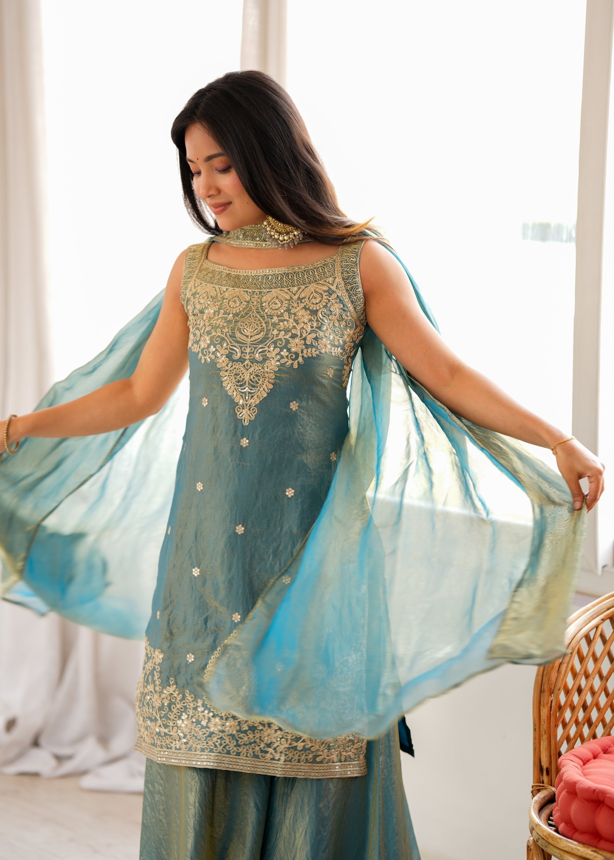 Dusty Teal Pure Fendy Silk Sharara Suit with Embroidery Sequence Work & Dupatta
