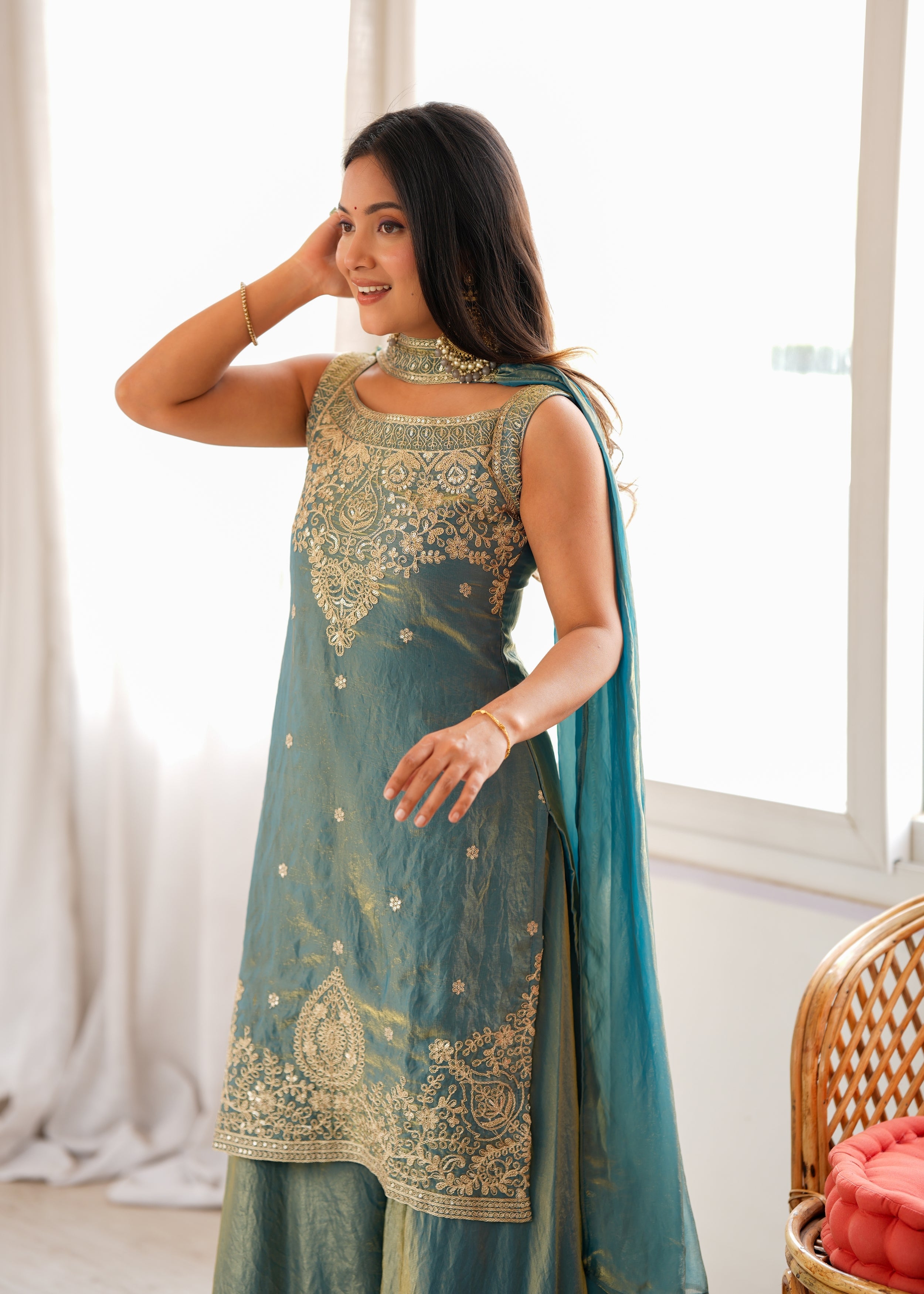 Dusty Teal Pure Fendy Silk Sharara Suit with Embroidery Sequence Work & Dupatta