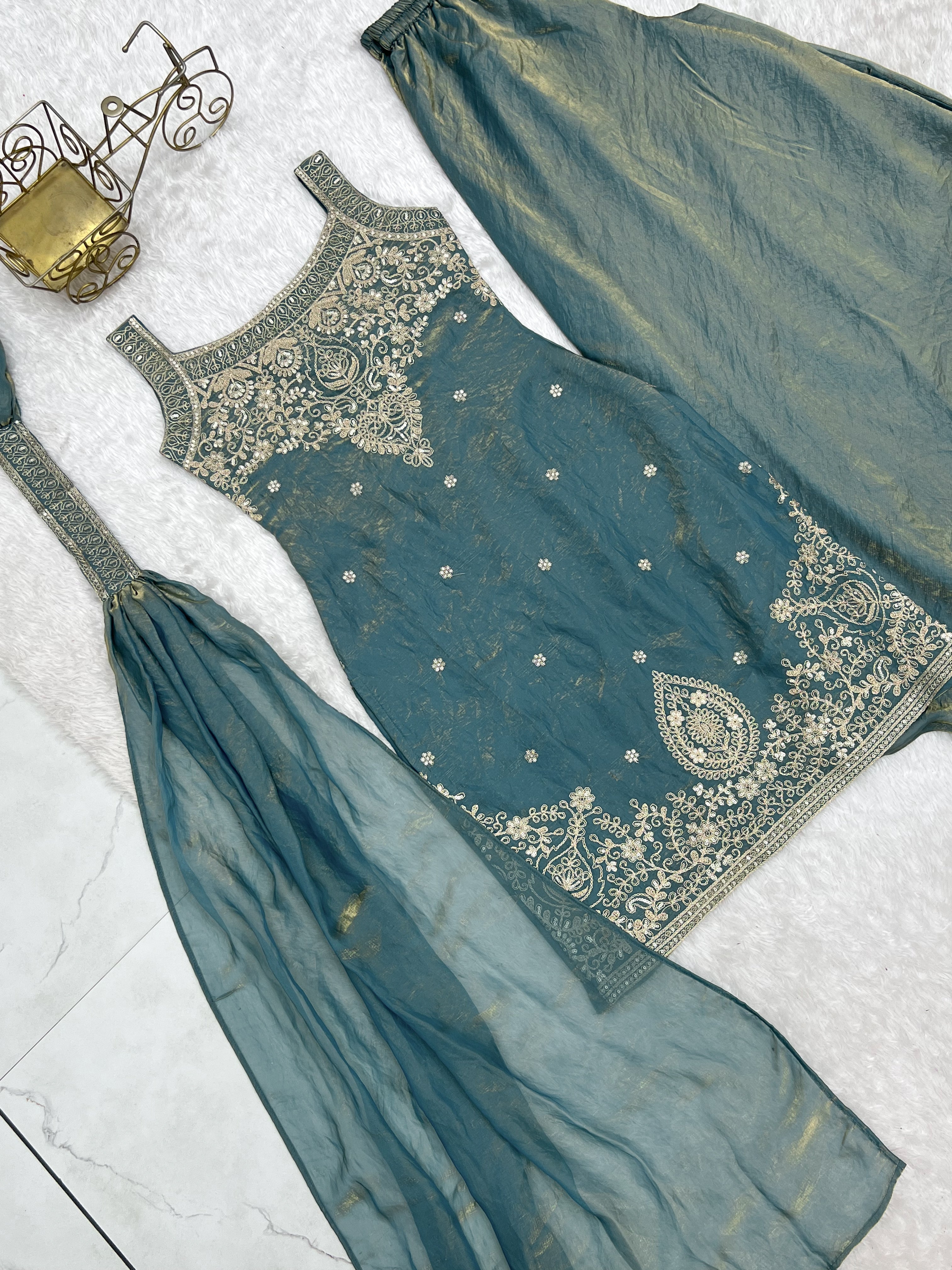 Dusty Teal Pure Fendy Silk Sharara Suit with Embroidery Sequence Work & Dupatta