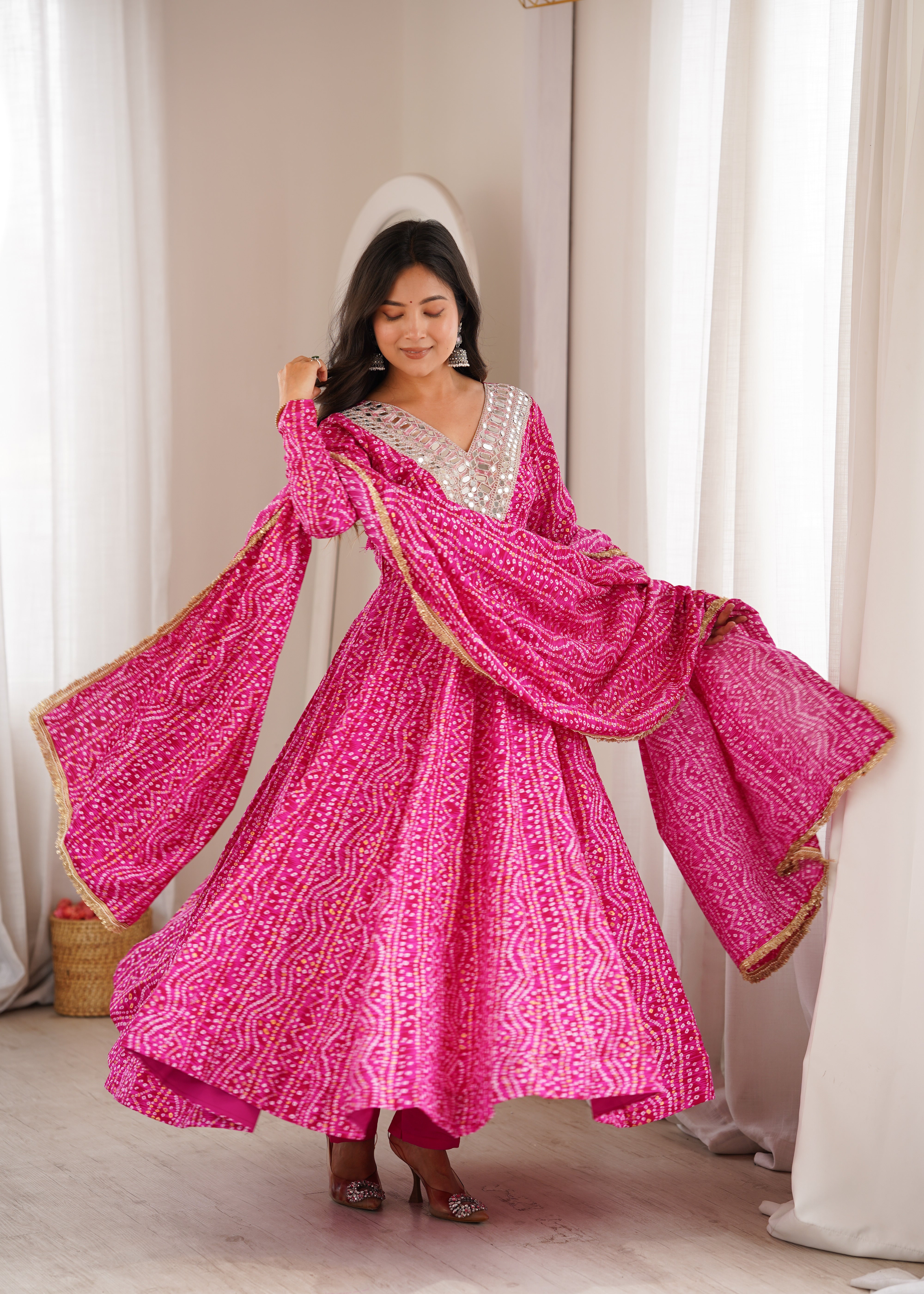 Hot Pink Mirror Embroidered Rayon Anarkali Gown Set with Dupatta & Pant