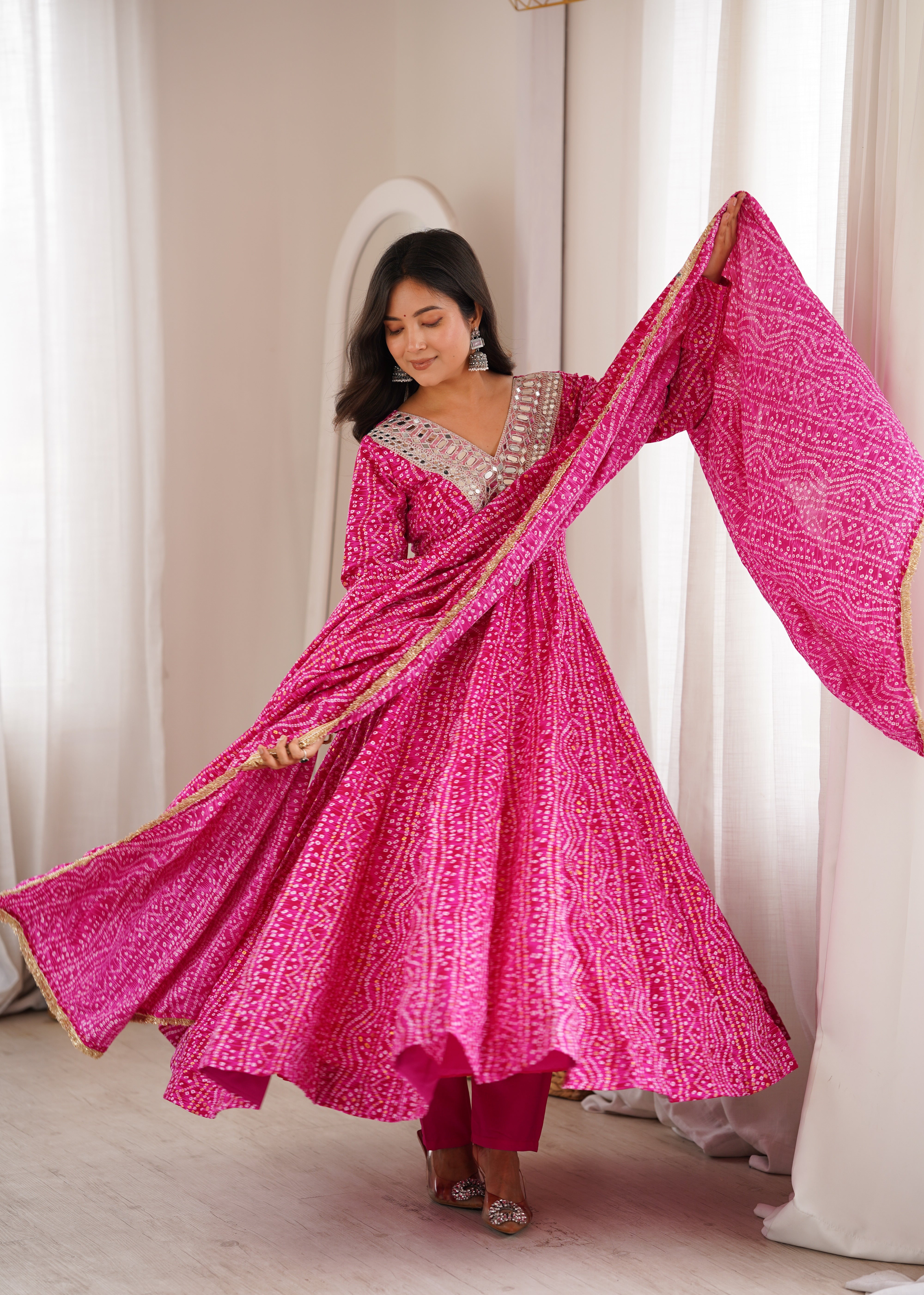 Hot Pink Mirror Embroidered Rayon Anarkali Gown Set with Dupatta & Pant