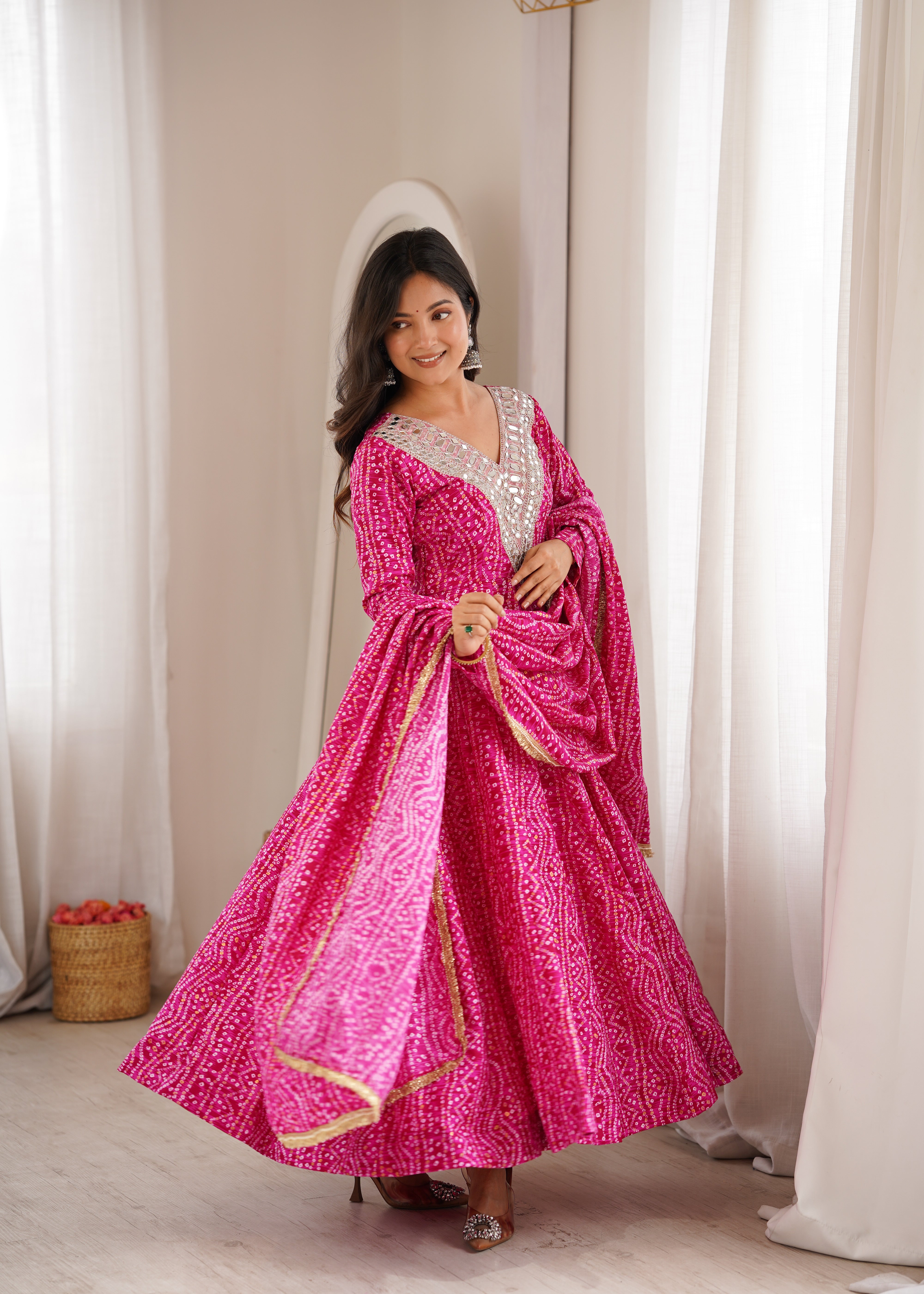 Hot Pink Mirror Embroidered Rayon Anarkali Gown Set with Dupatta & Pant