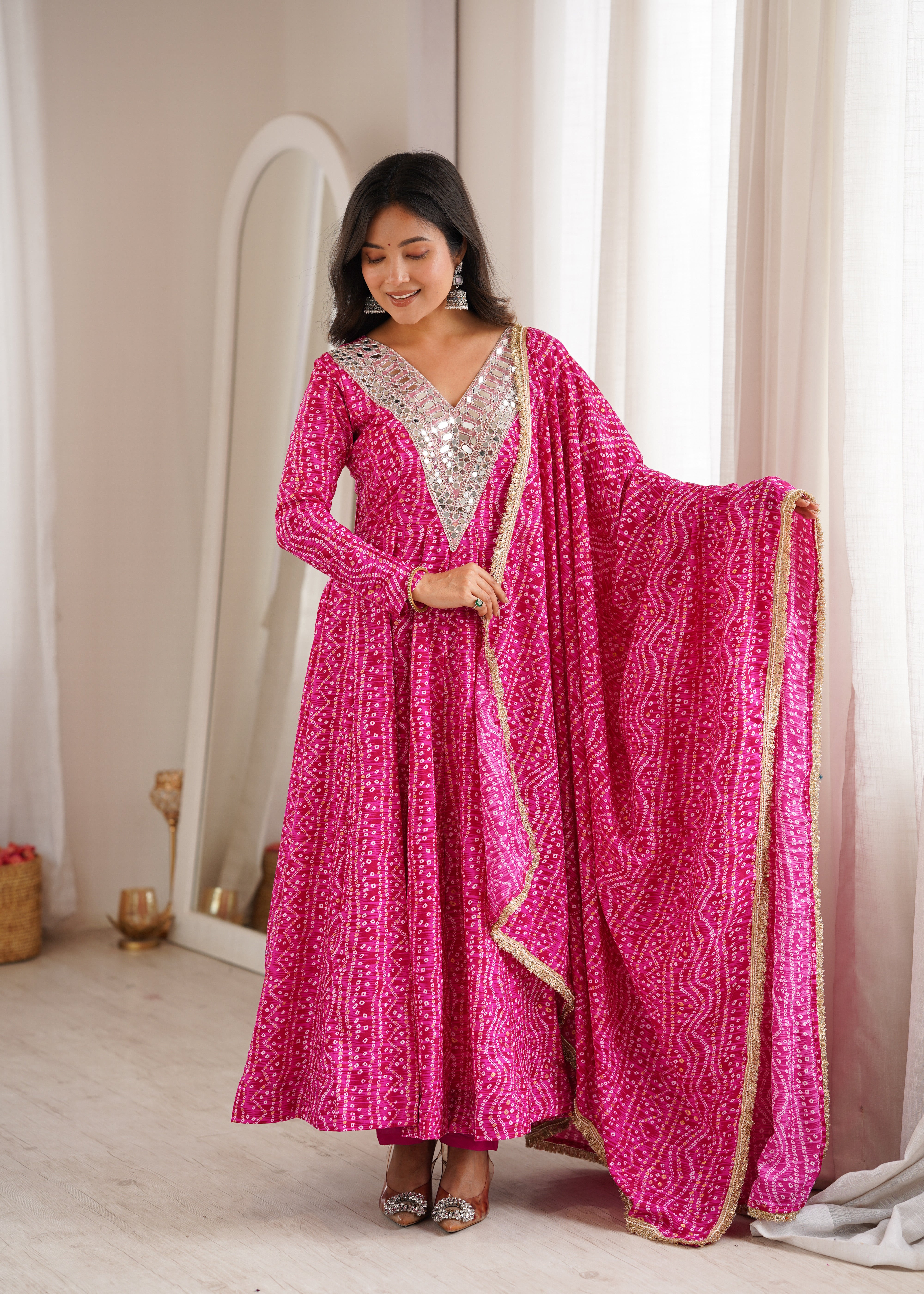 Hot Pink Mirror Embroidered Rayon Anarkali Gown Set with Dupatta & Pant