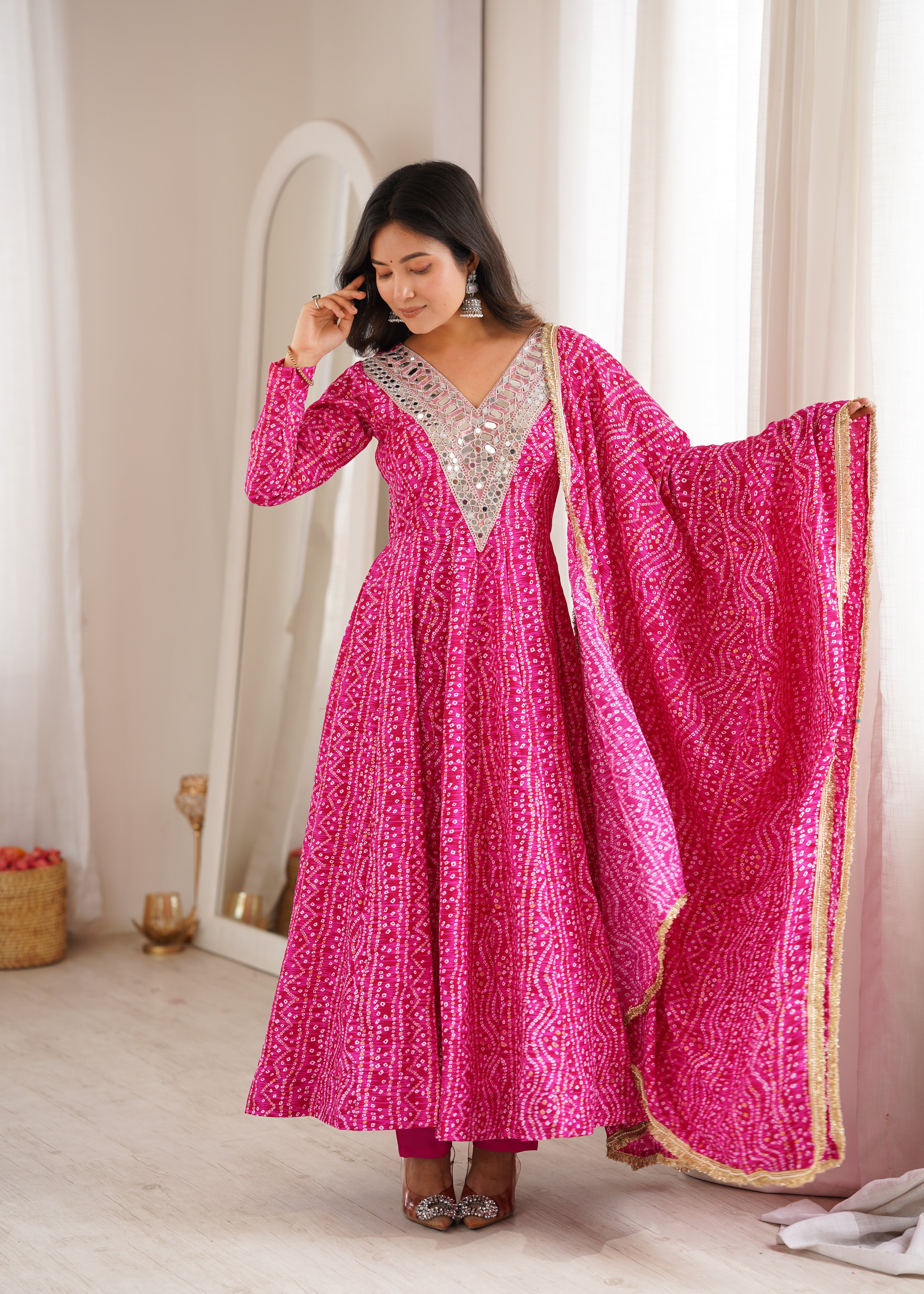 Hot Pink Mirror Embroidered Rayon Anarkali Gown Set with Dupatta & Pant