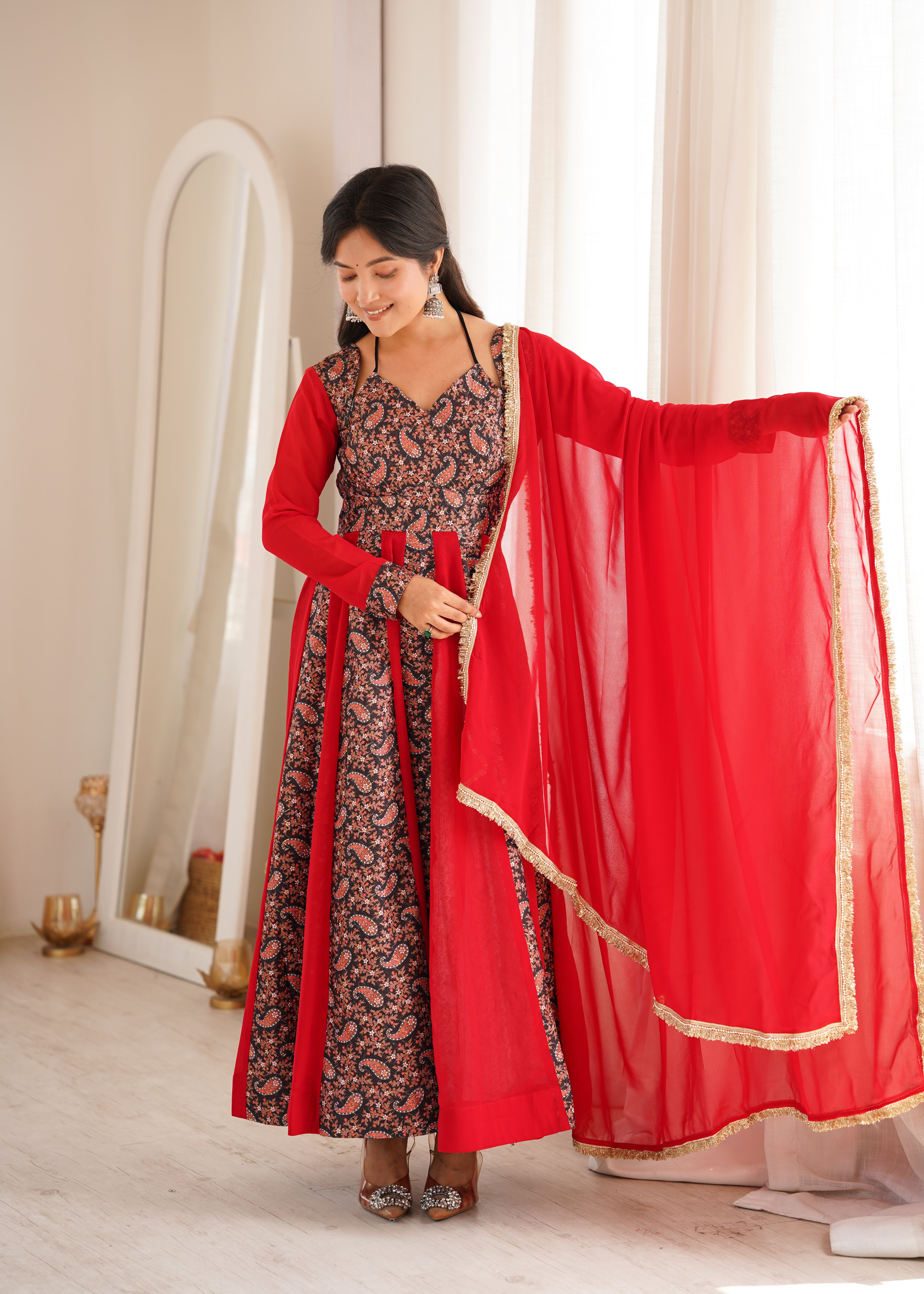 Ruby Red Paisley Print Designer Kali Anarkali Gown Set with Dupatta & Pant
