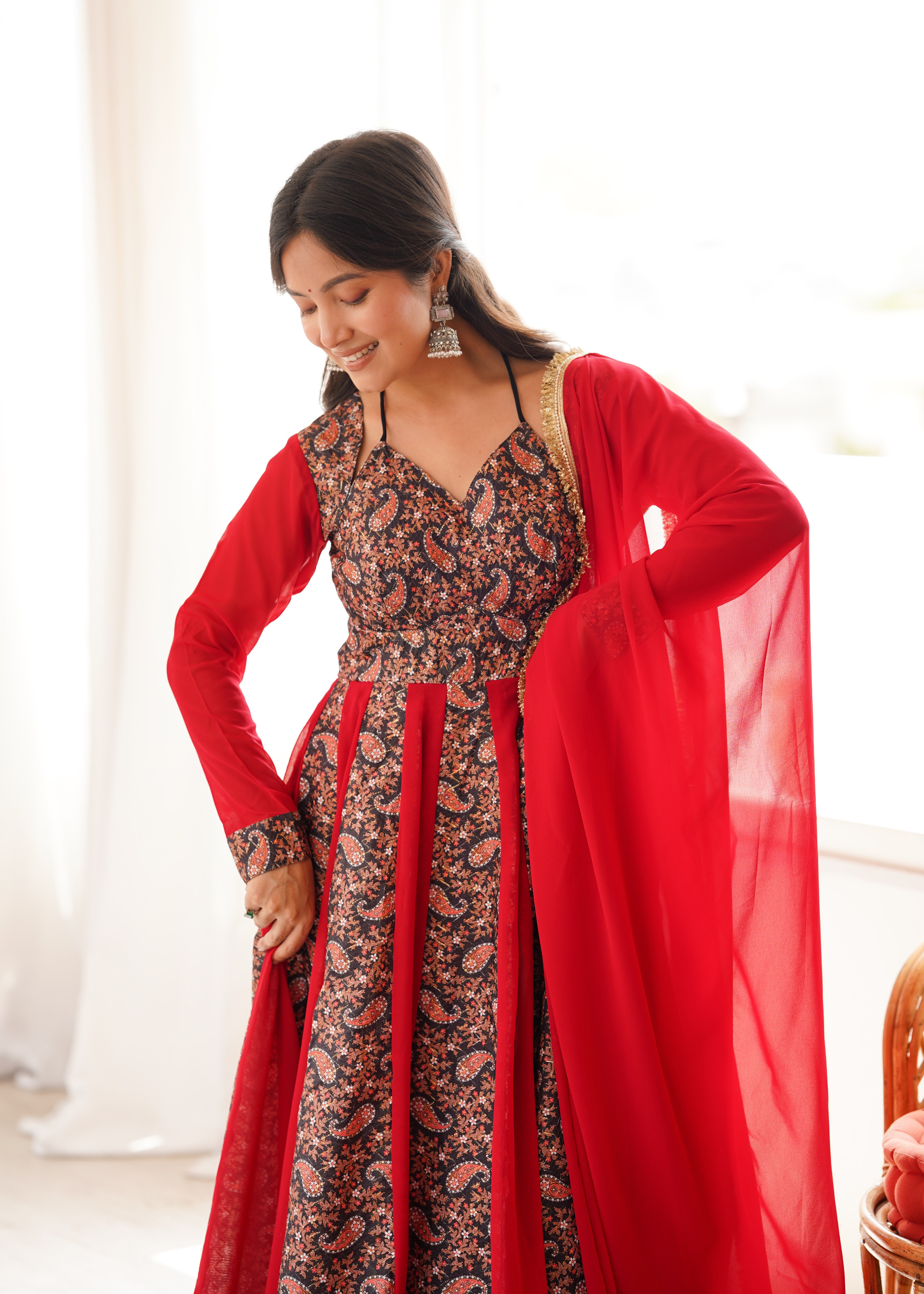 Ruby Red Paisley Print Designer Kali Anarkali Gown Set with Dupatta & Pant