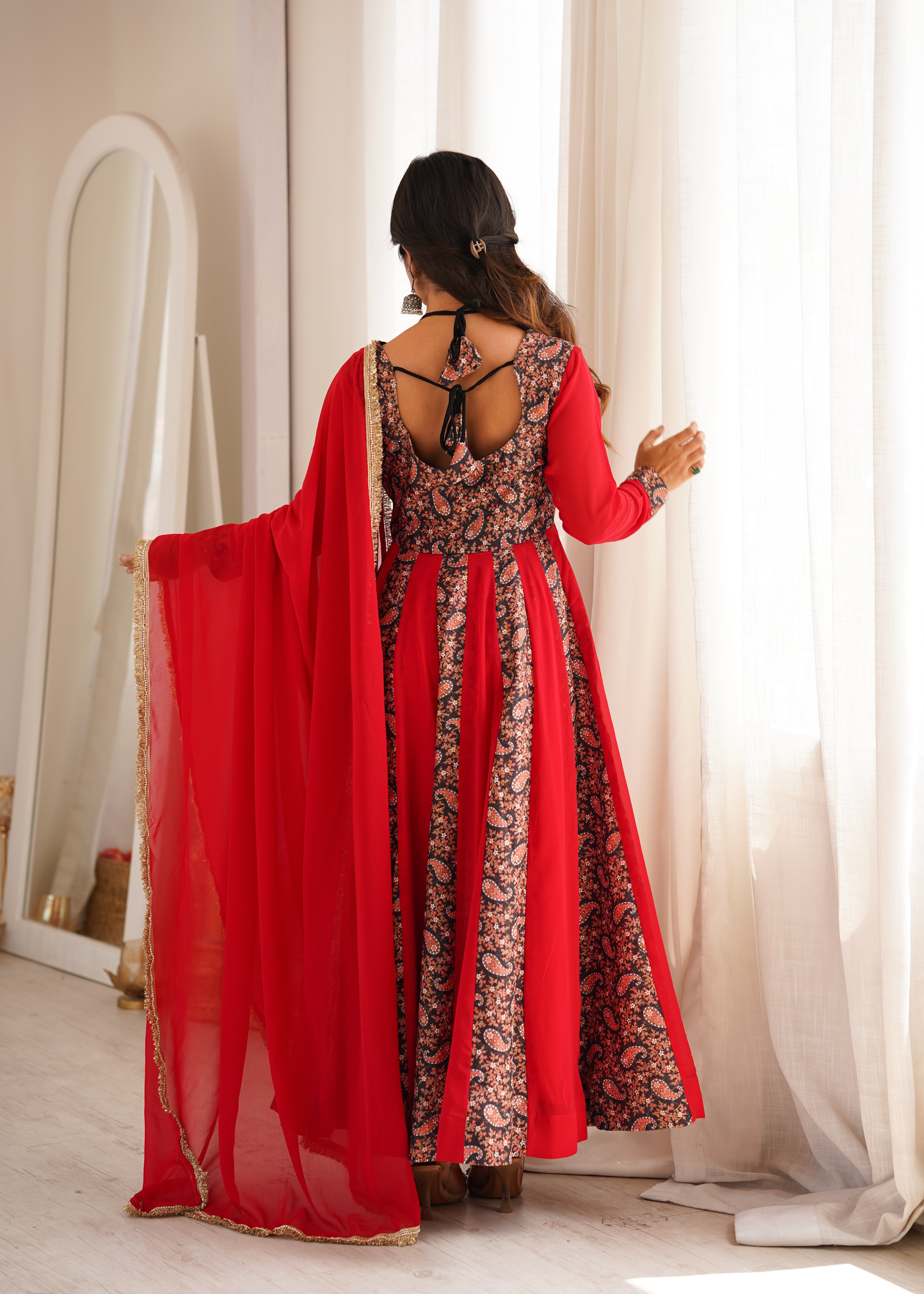 Ruby Red Paisley Print Designer Kali Anarkali Gown Set with Dupatta & Pant