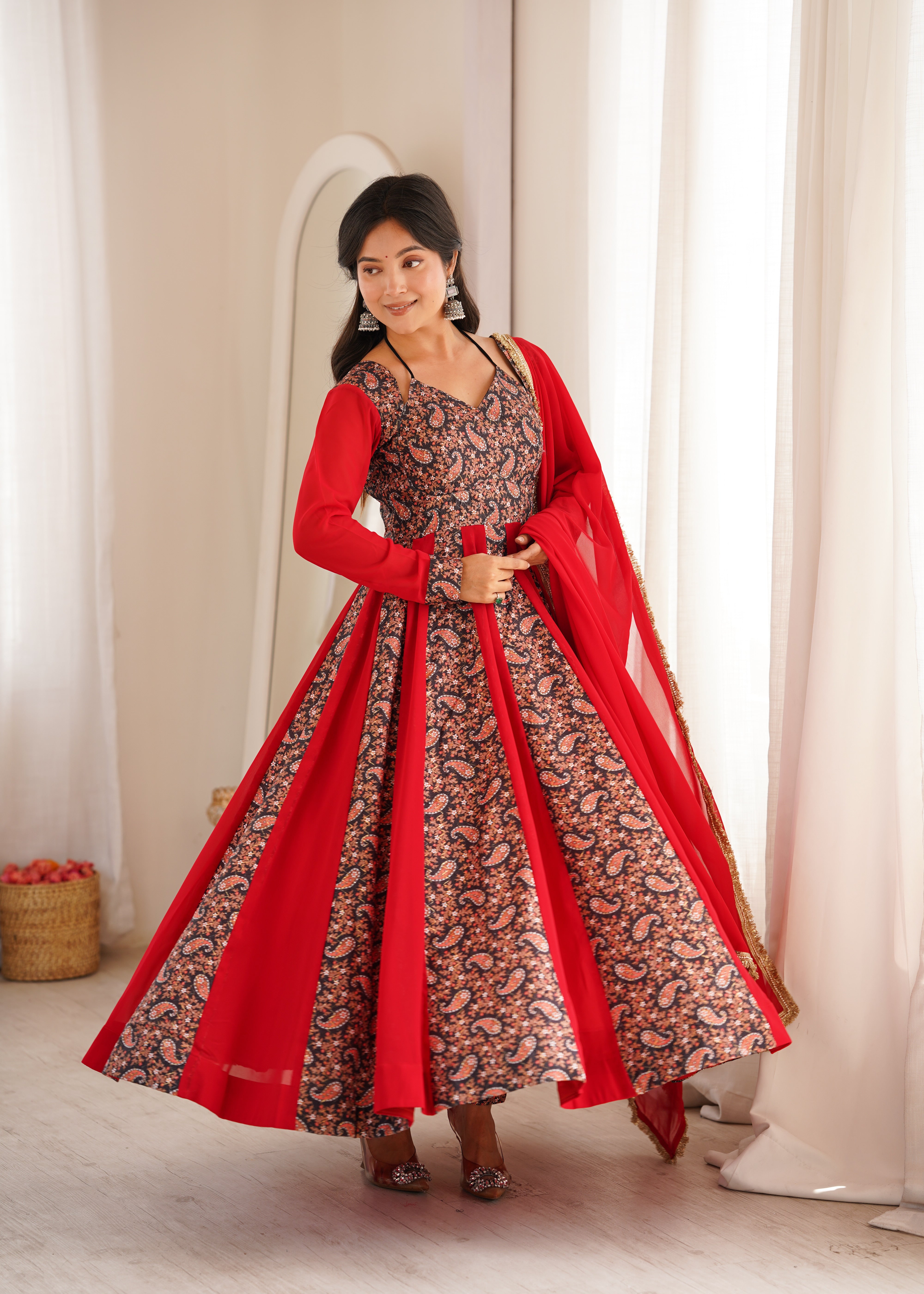 Ruby Red Paisley Print Designer Kali Anarkali Gown Set with Dupatta & Pant