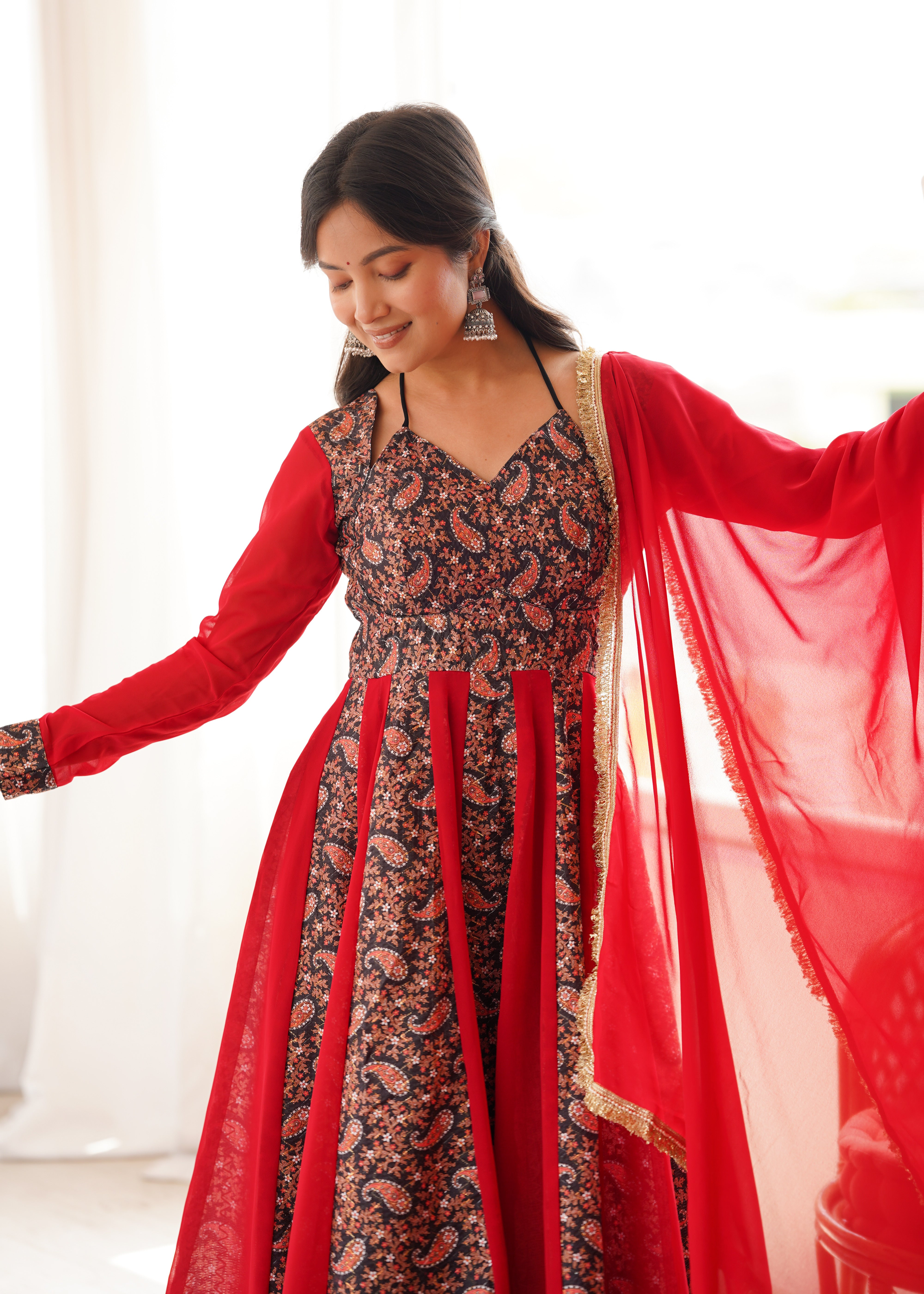 Ruby Red Paisley Print Designer Kali Anarkali Gown Set with Dupatta & Pant