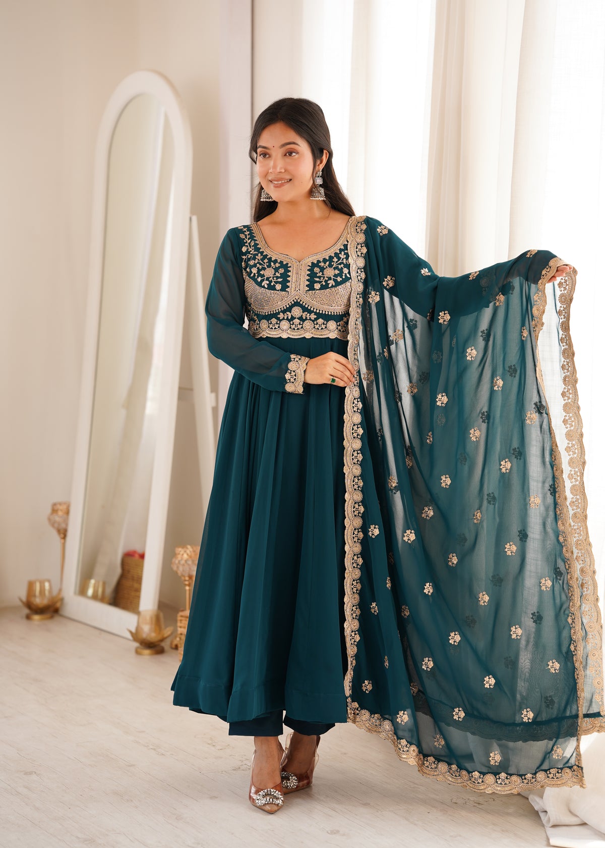 Petrol Blue Blooming Georgette Embroidered Anarkali Suit Set with Dupatta