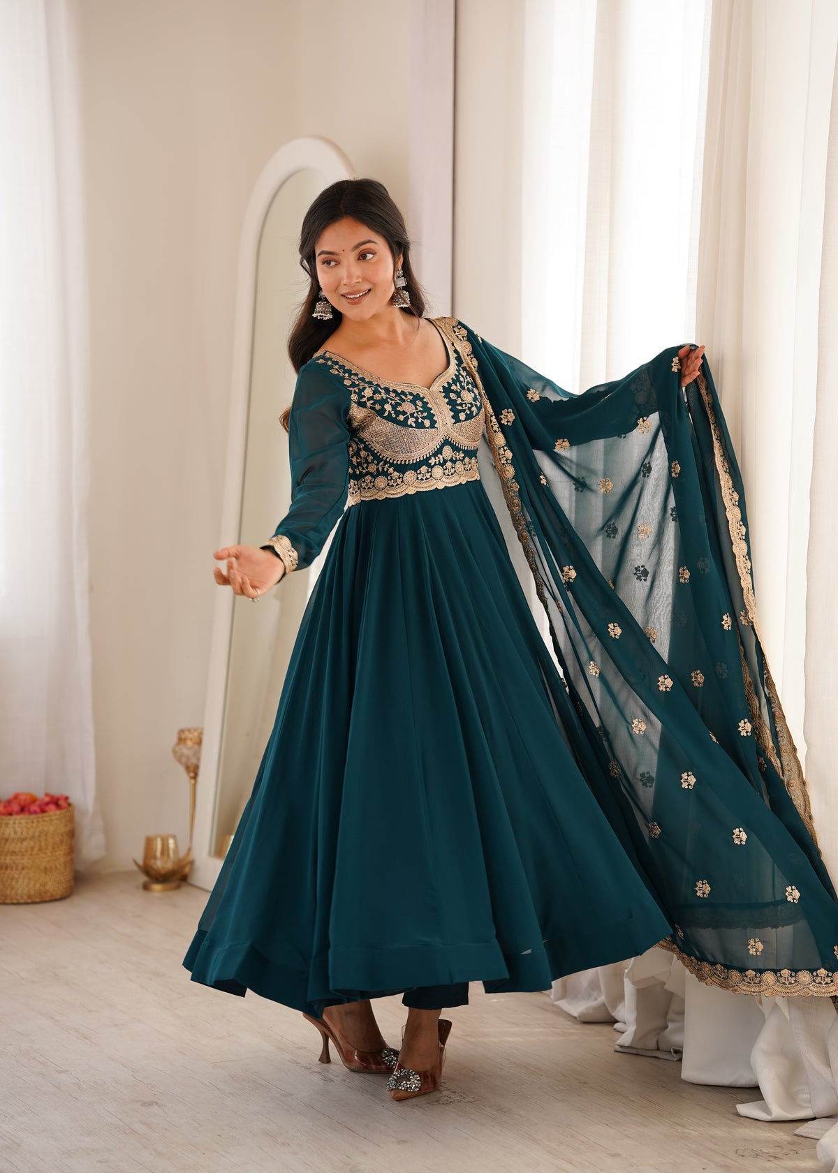 Petrol Blue Blooming Georgette Embroidered Anarkali Suit Set with Dupatta