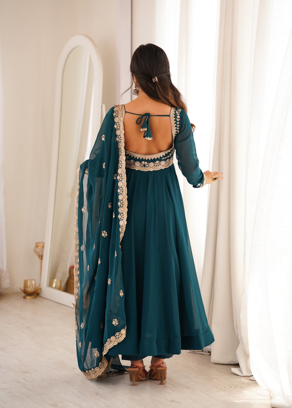 Petrol Blue Blooming Georgette Embroidered Anarkali Suit Set with Dupatta