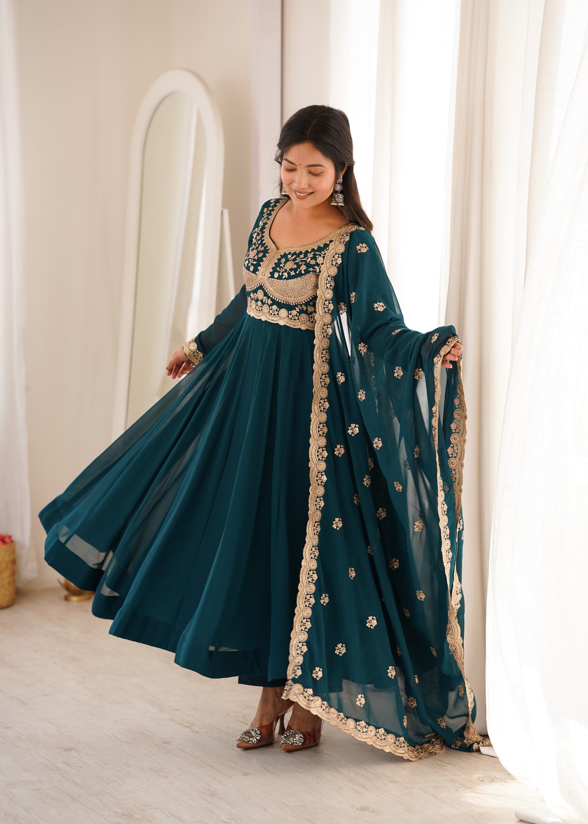 Petrol Blue Blooming Georgette Embroidered Anarkali Suit Set with Dupatta