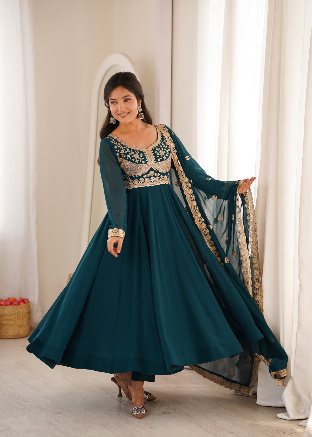 Petrol Blue Blooming Georgette Embroidered Anarkali Suit Set with Dupatta