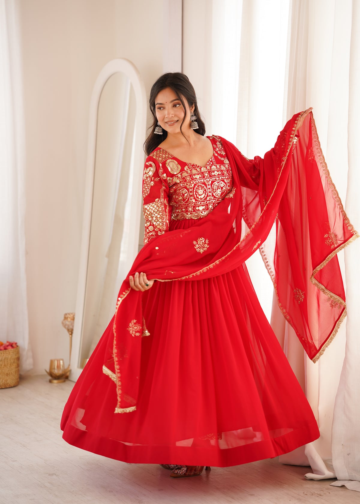 Red Blooming Georgette Anarkali Suit Set with Sequence Embroidery & Dupatta