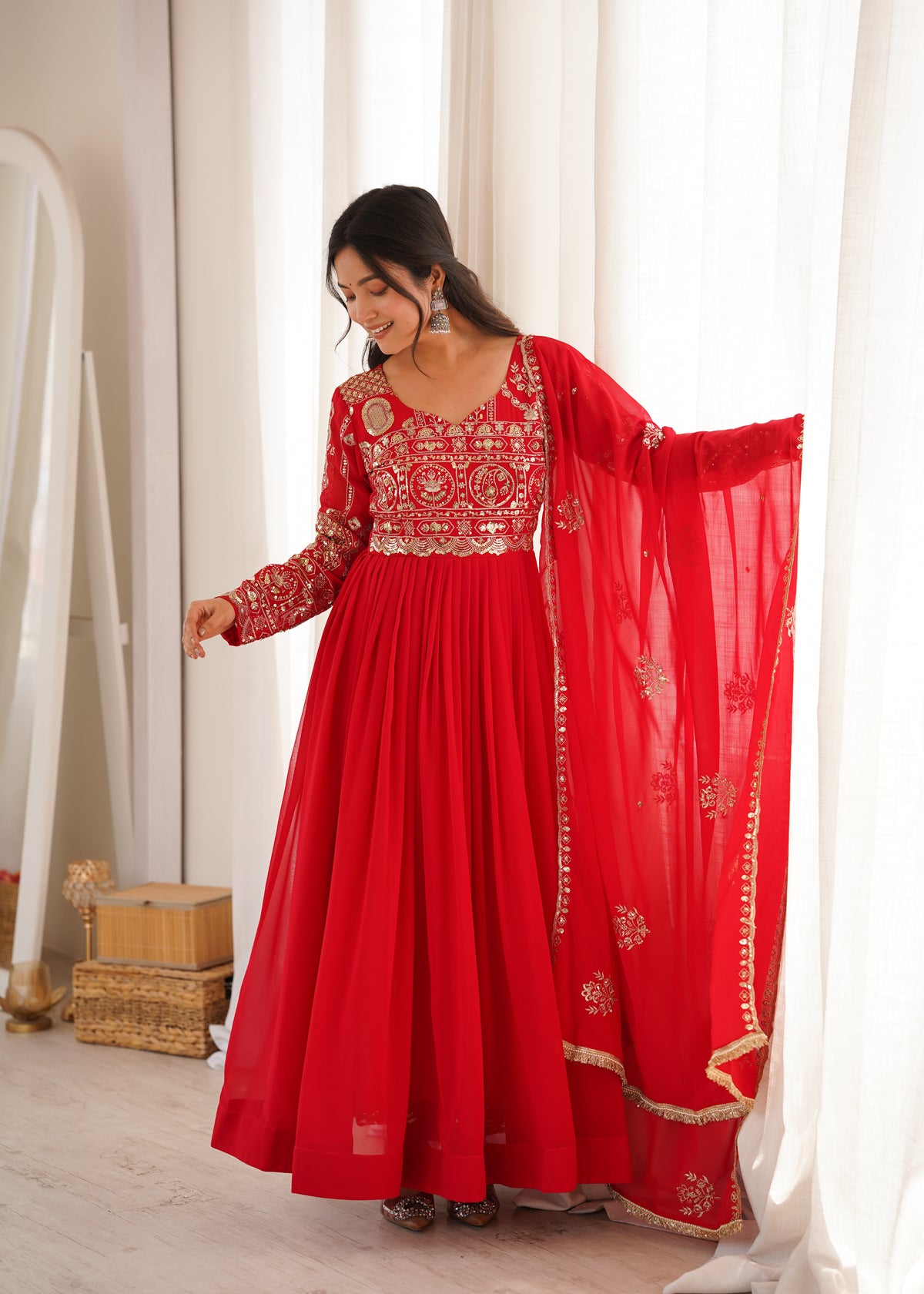 Red Blooming Georgette Anarkali Suit Set with Sequence Embroidery & Dupatta