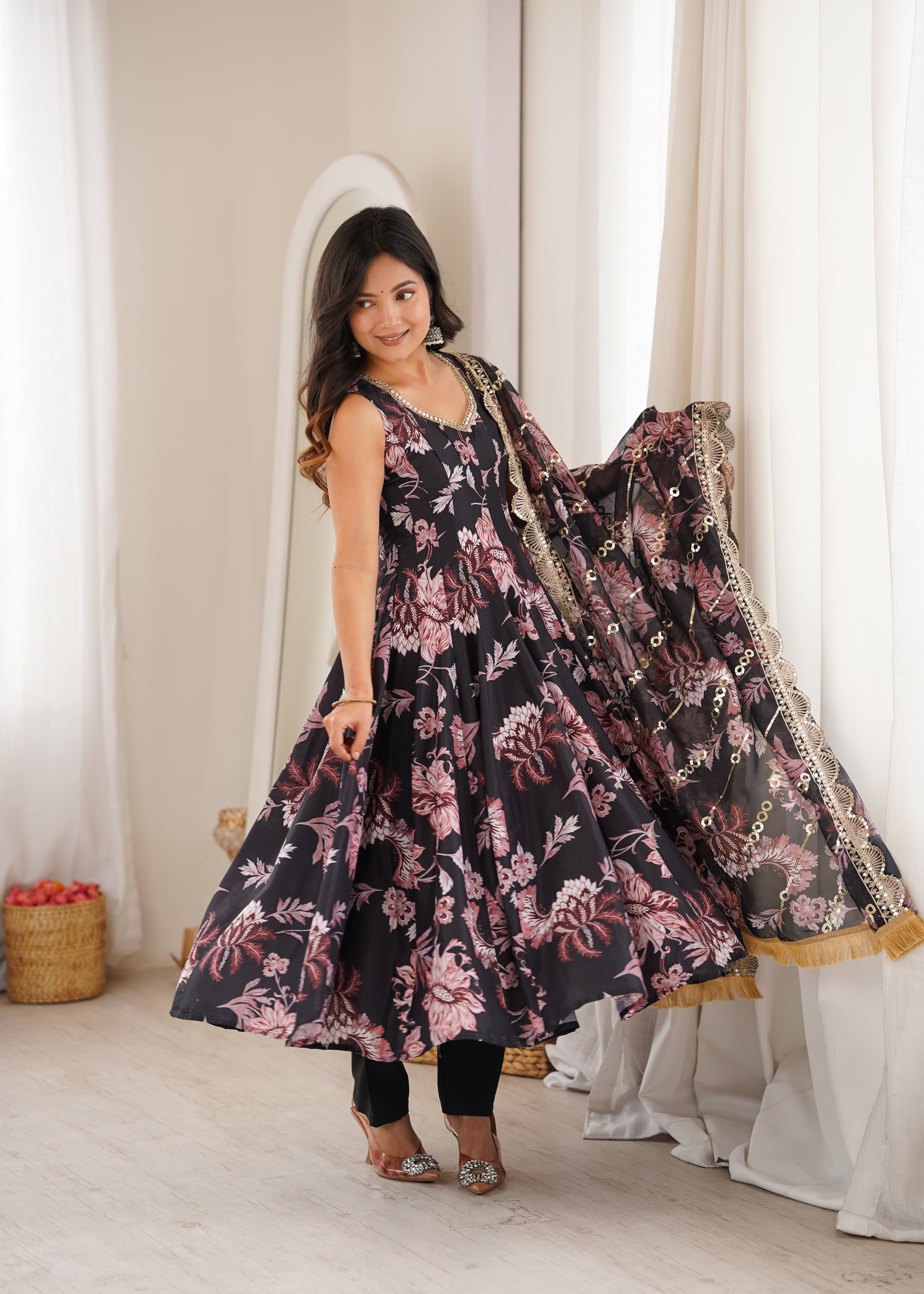 Black Floral Print Pure Muslin Anarkali Suit Set with Organza Dupatta & Pant