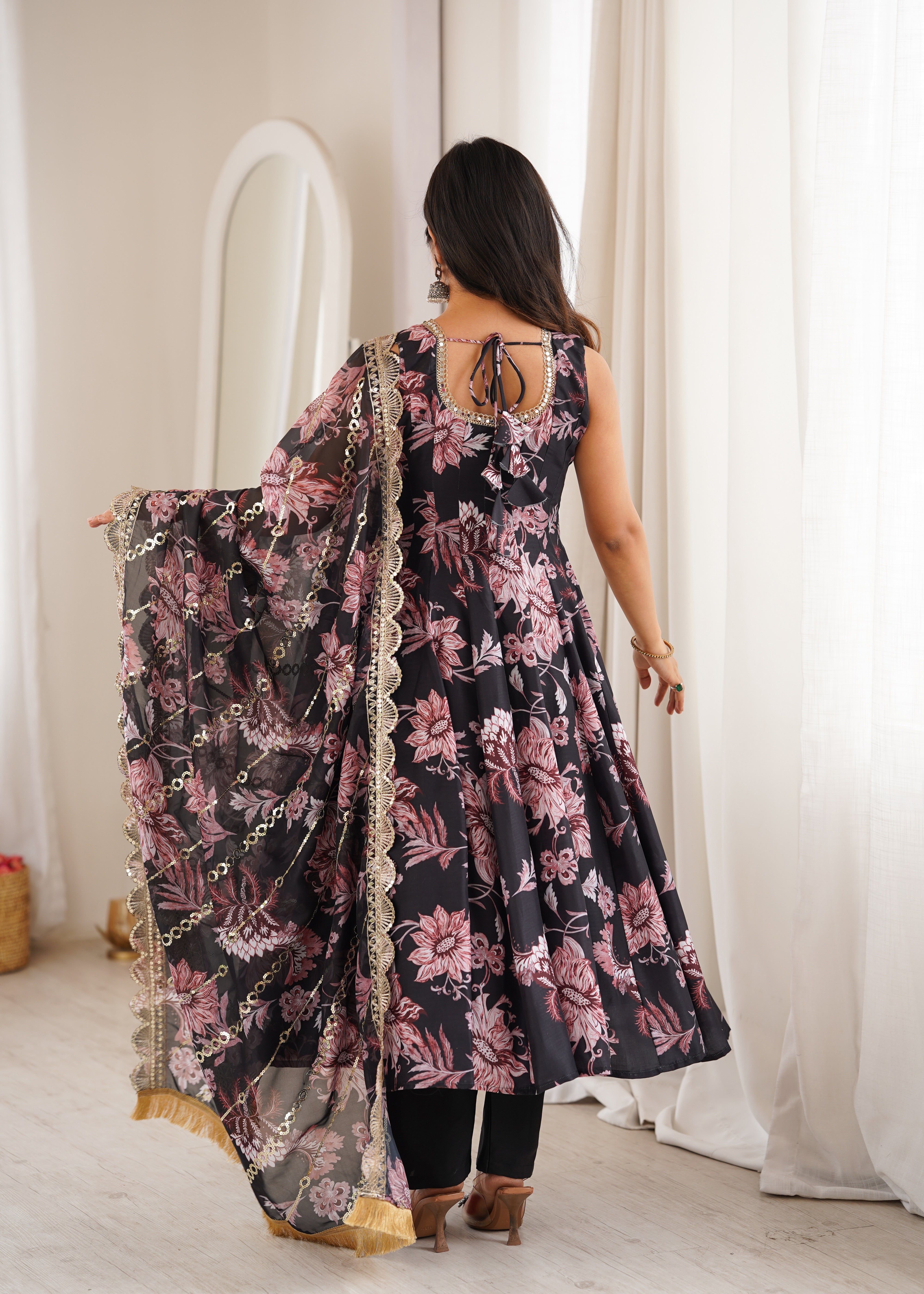 Black Floral Print Pure Muslin Anarkali Suit Set with Organza Dupatta & Pant