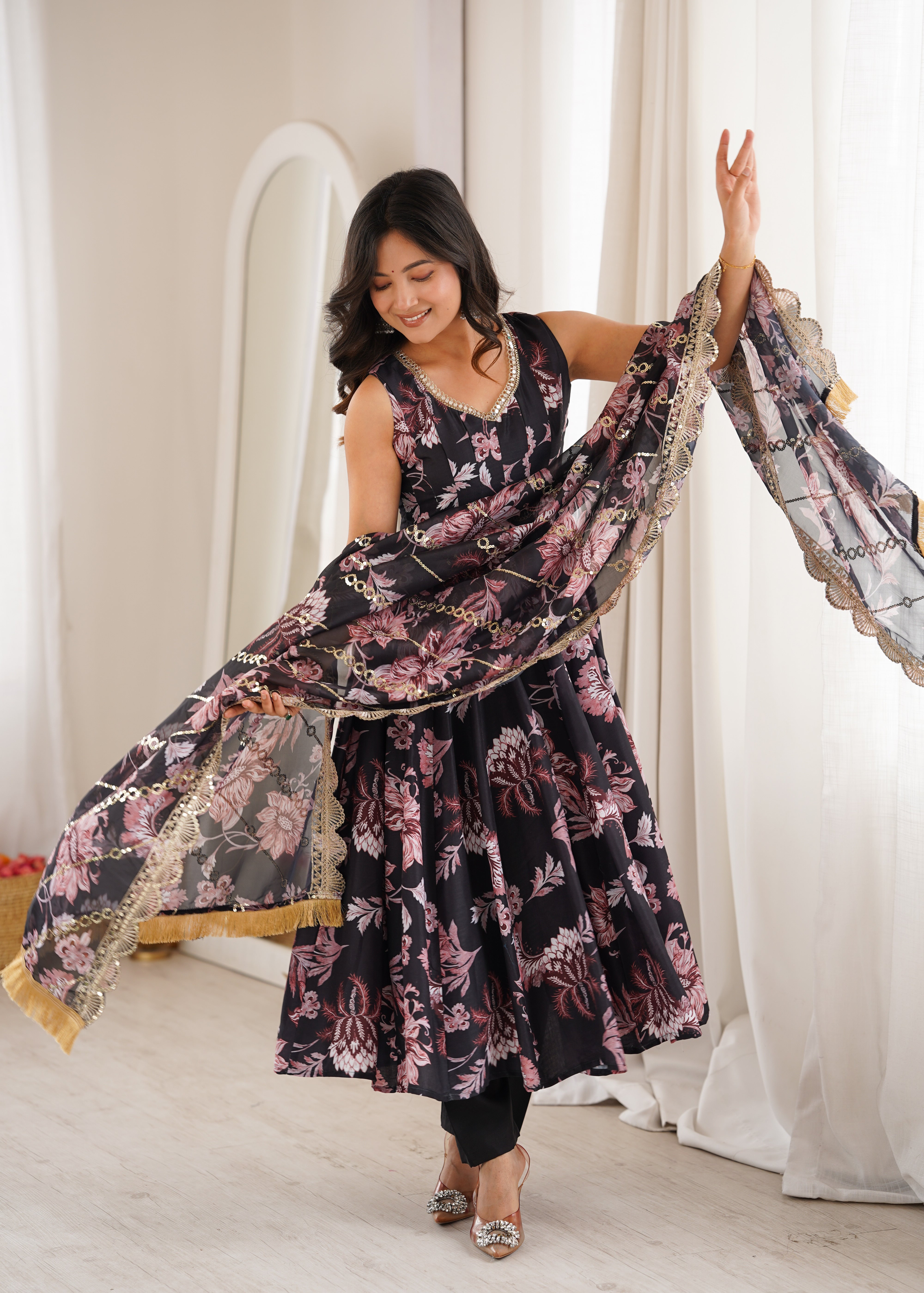 Black Floral Print Pure Muslin Anarkali Suit Set with Organza Dupatta & Pant