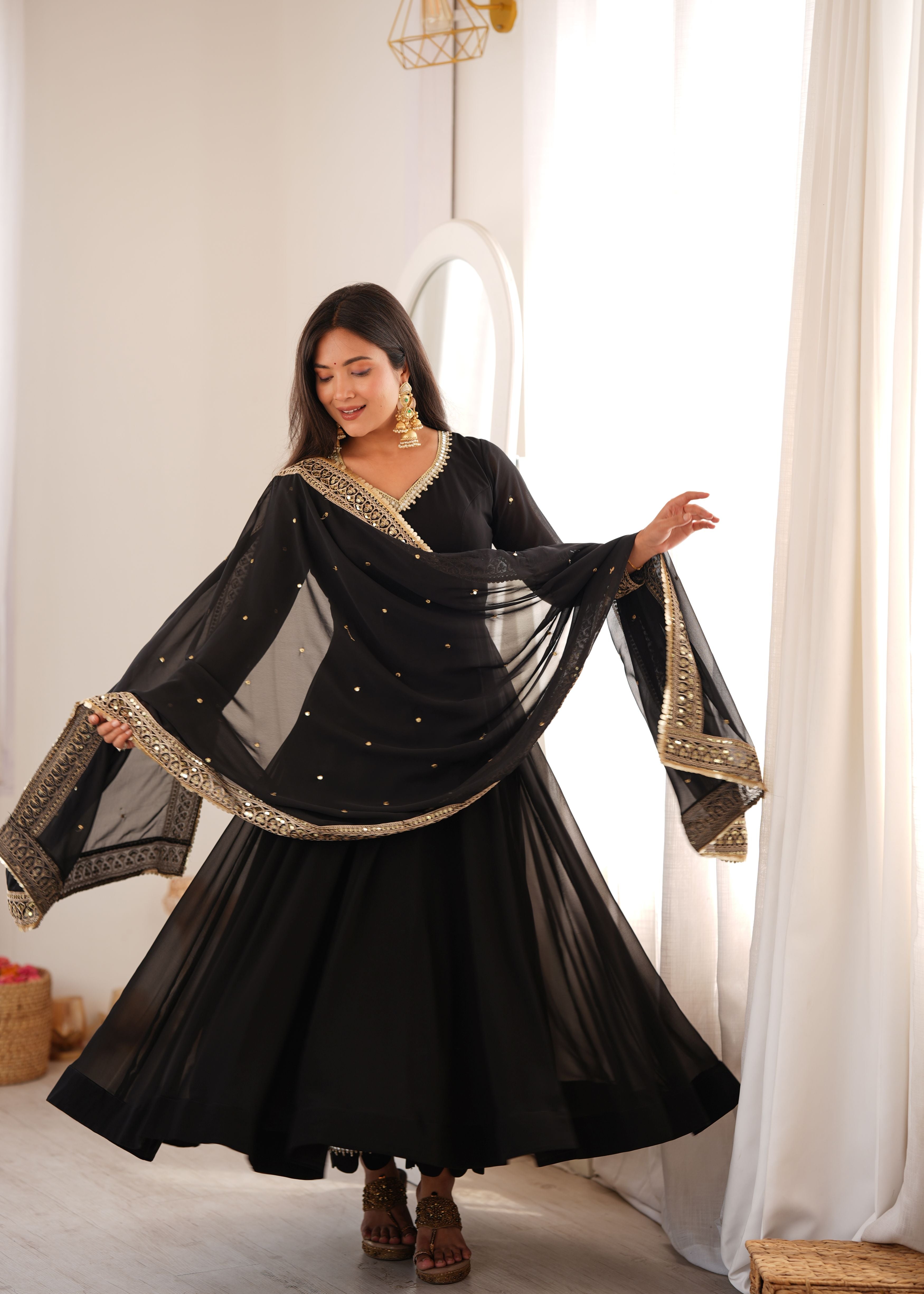 Classic Black Georgette Anarkali Gown Set with Embroidered Dupatta & Pant
