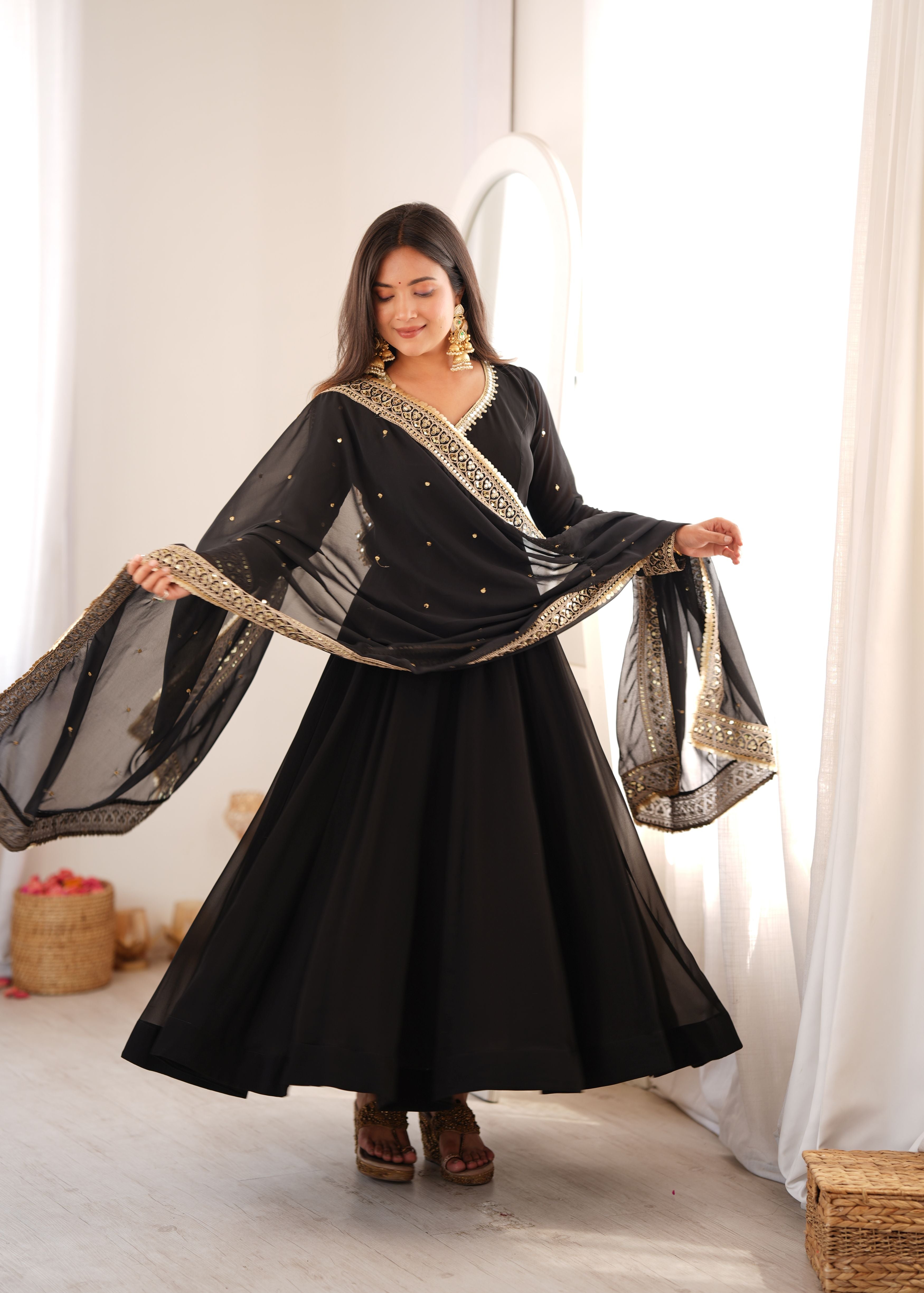 Classic Black Georgette Anarkali Gown Set with Embroidered Dupatta & Pant