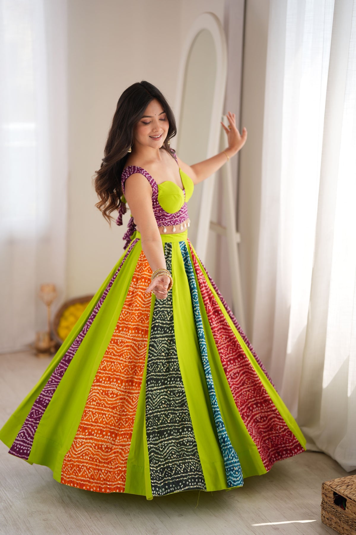 Lime Green Multicolor Digital Print Lehenga Choli Set | 6 Meter Flair