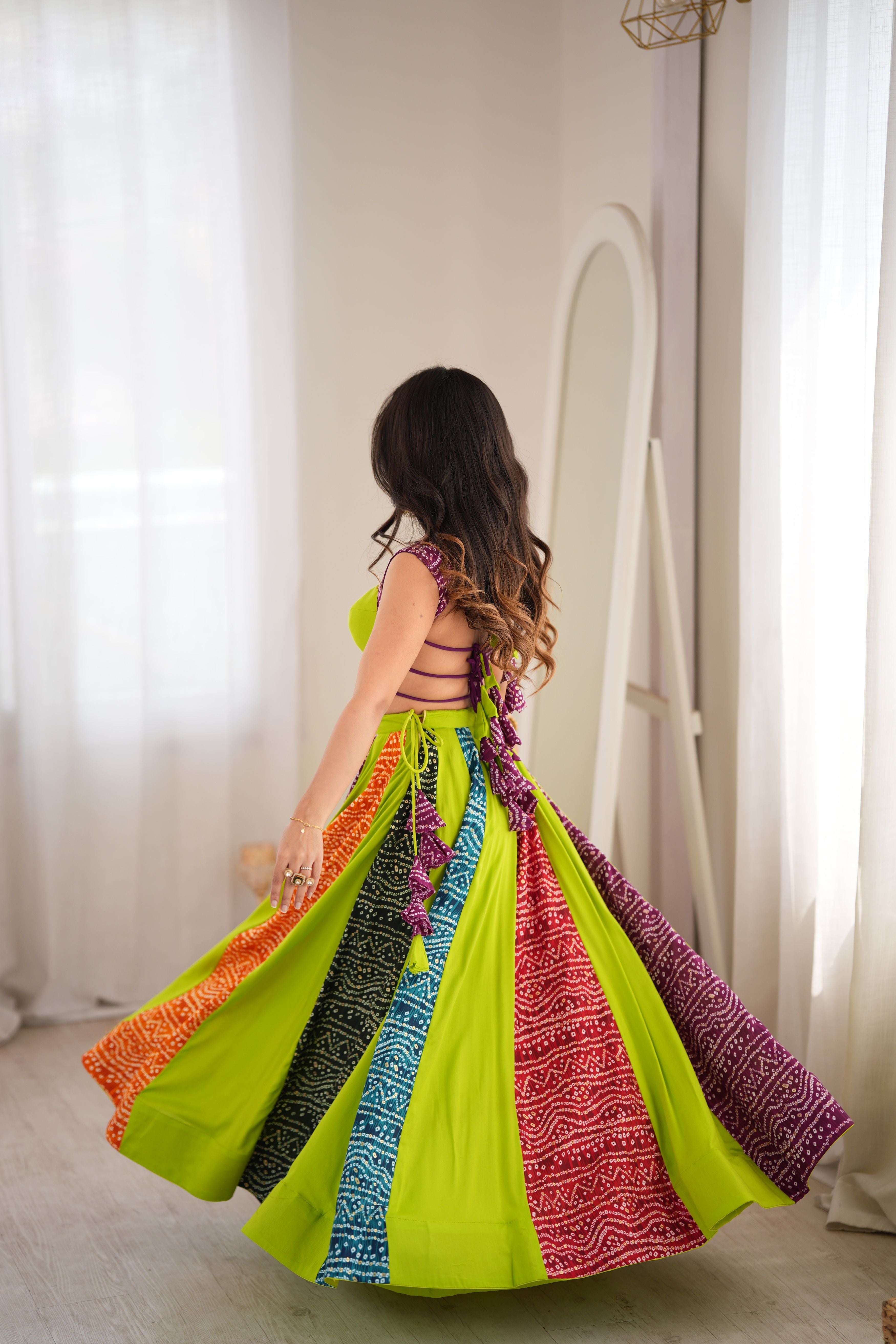 Lime Green Multicolor Digital Print Lehenga Choli Set | 6 Meter Flair