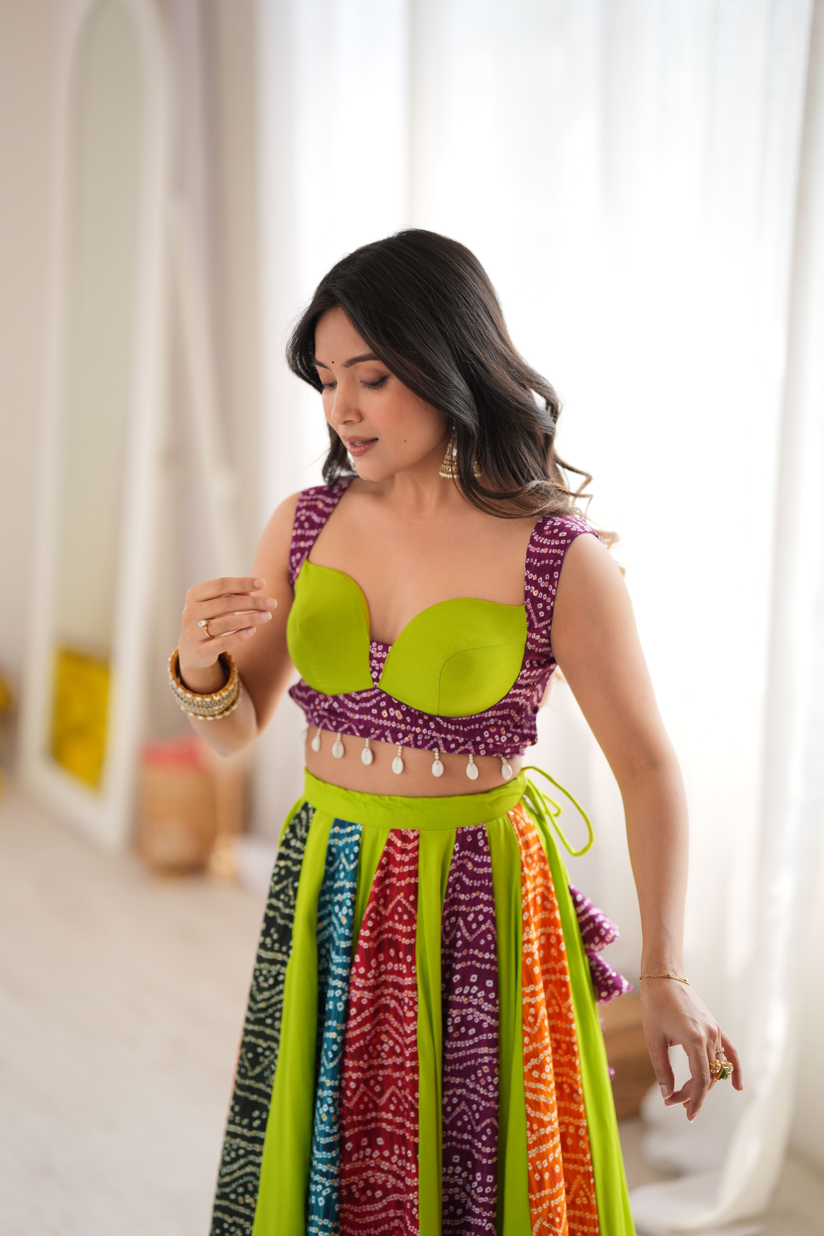 Lime Green Multicolor Digital Print Lehenga Choli Set | 6 Meter Flair