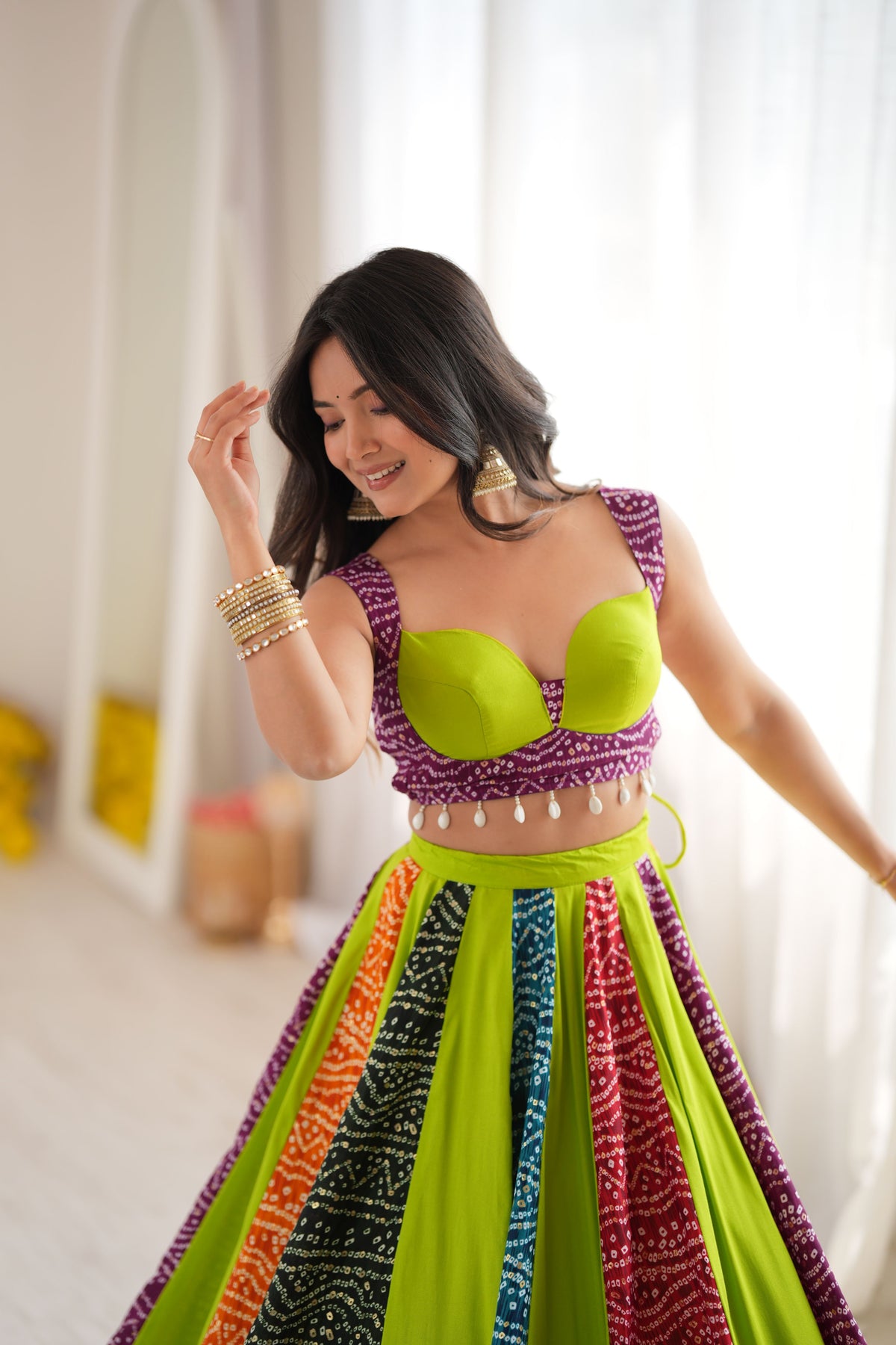 Lime Green Multicolor Digital Print Lehenga Choli Set | 6 Meter Flair