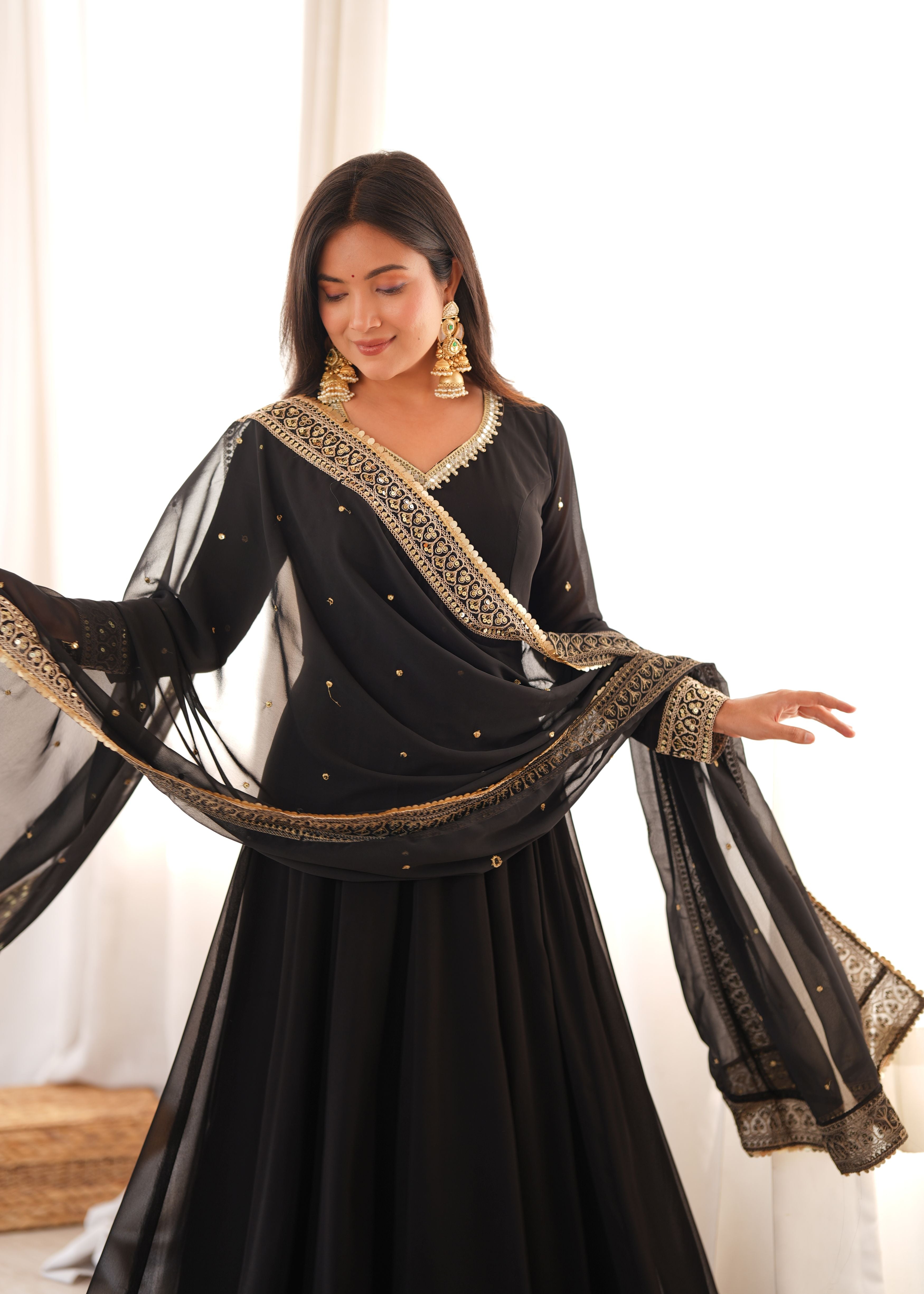 Classic Black Georgette Anarkali Gown Set with Embroidered Dupatta & Pant