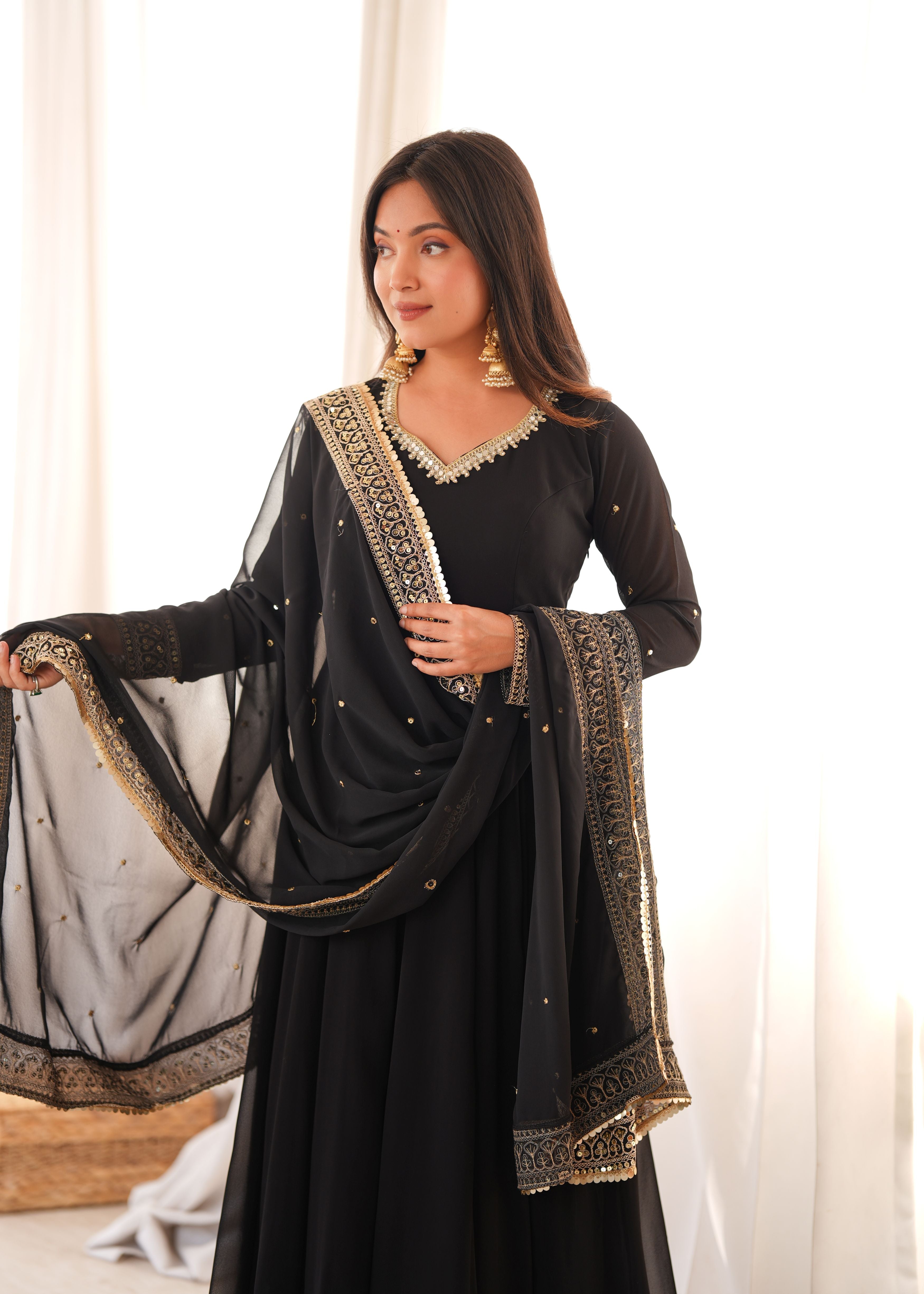 Classic Black Georgette Anarkali Gown Set with Embroidered Dupatta & Pant