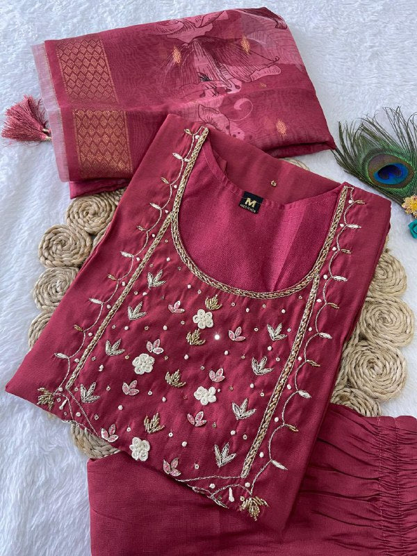 Indian Red Handwork Kurta Pant Dupatta