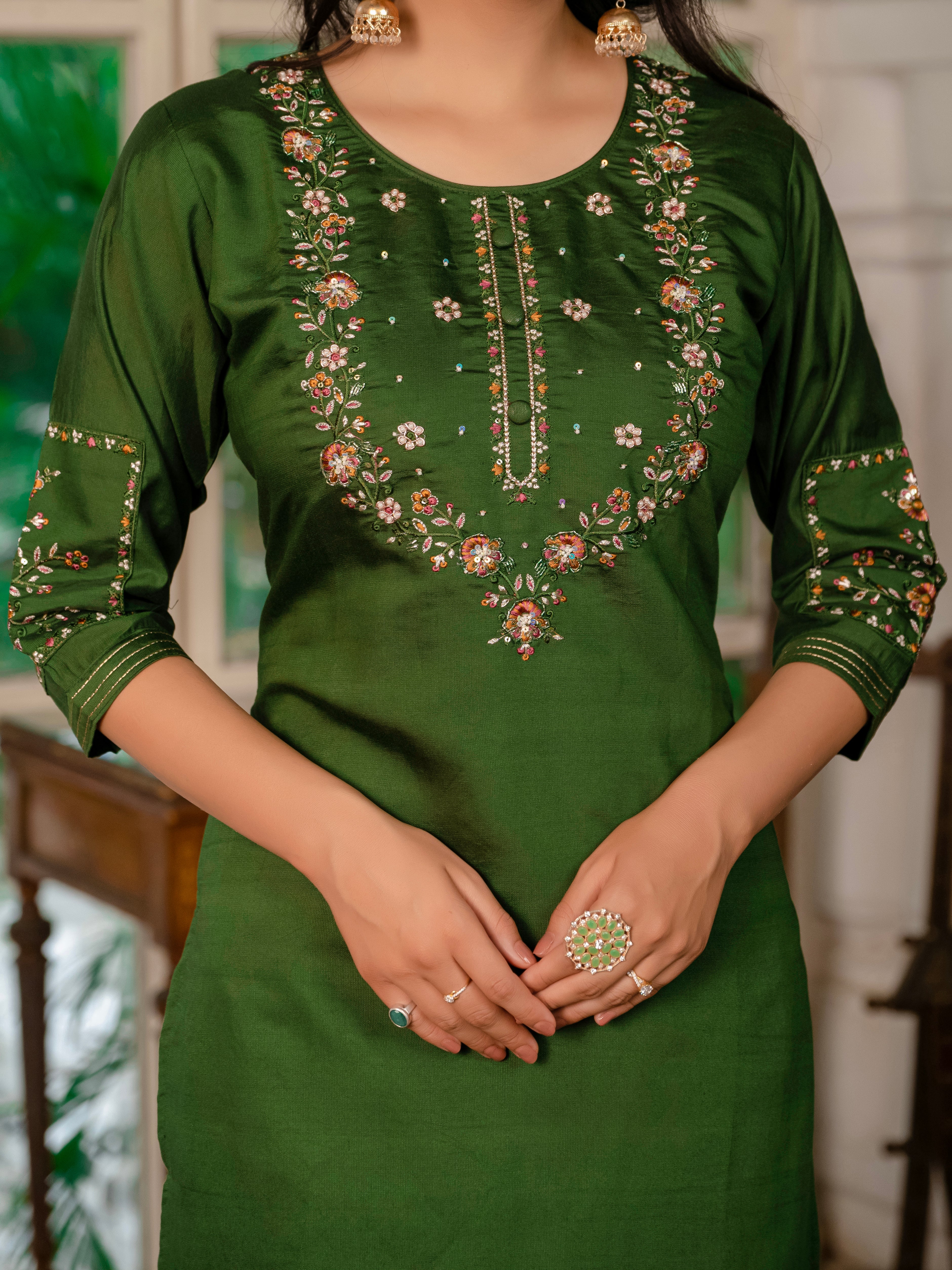 Jaipuri Green Straight Kurti Set  Nardev Fashion