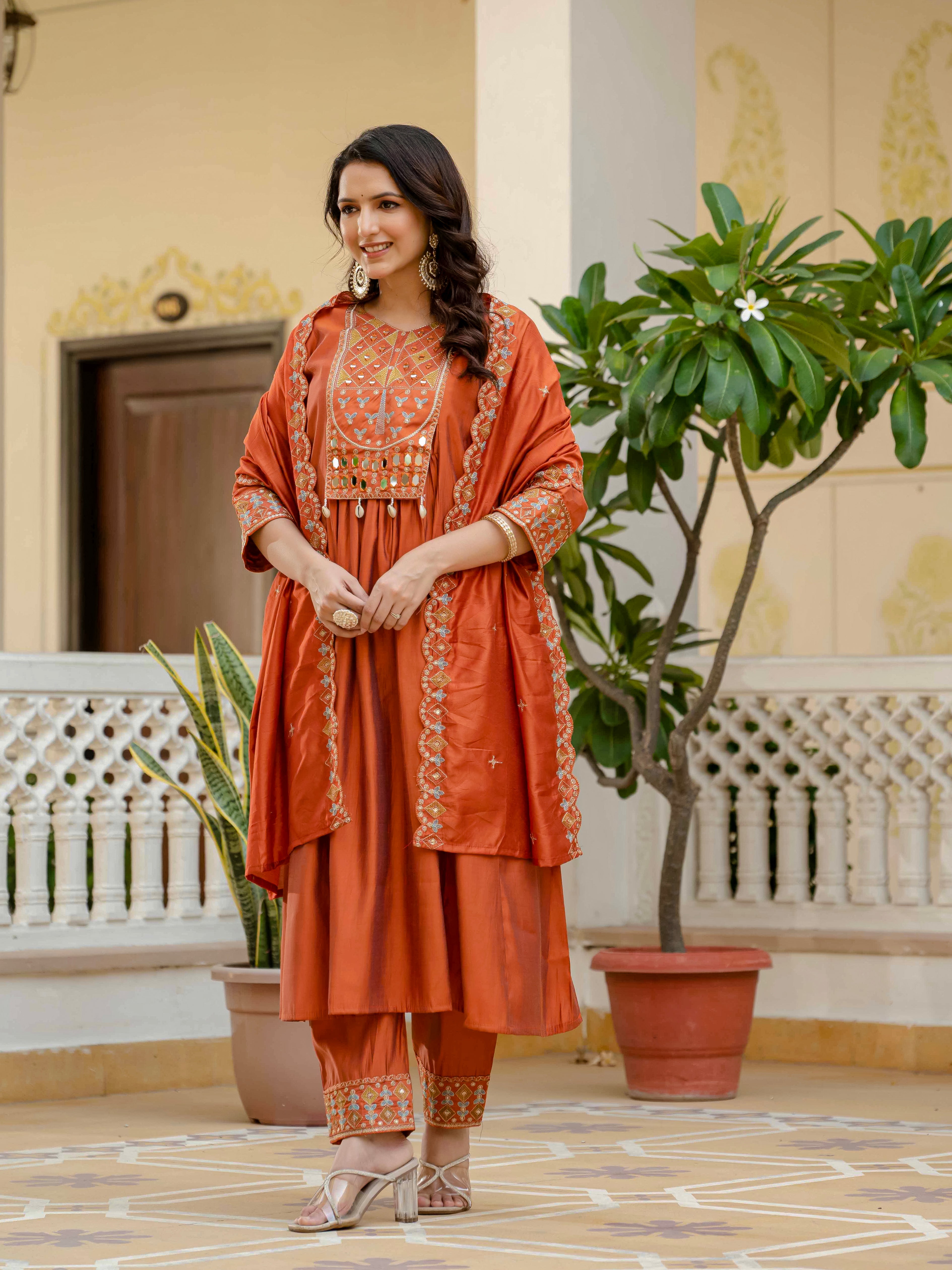 Jaypur Patywear Rust Orange Anarkali Kurti Set | Nardev Fashion