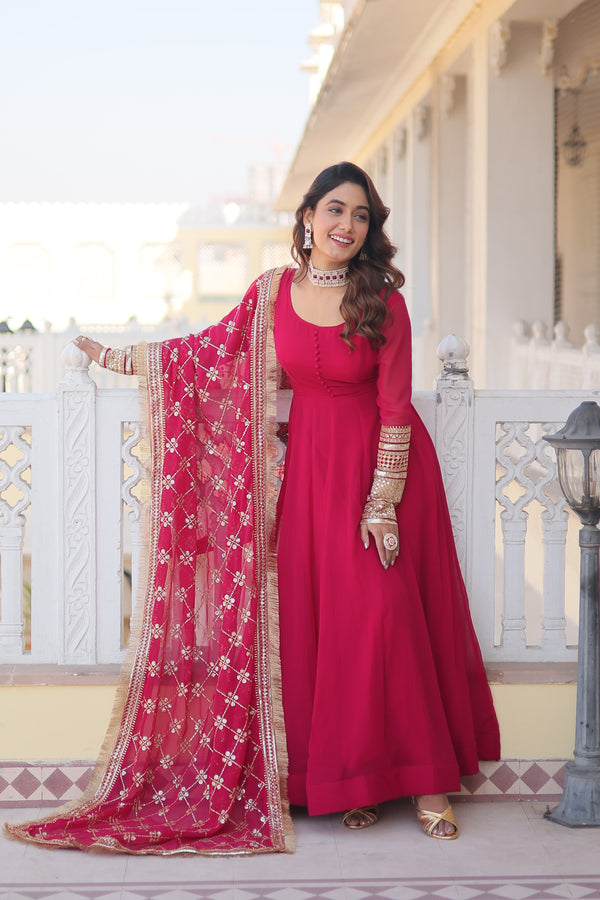 Pink Round Neck Full Sleeves Gown & Dupatta