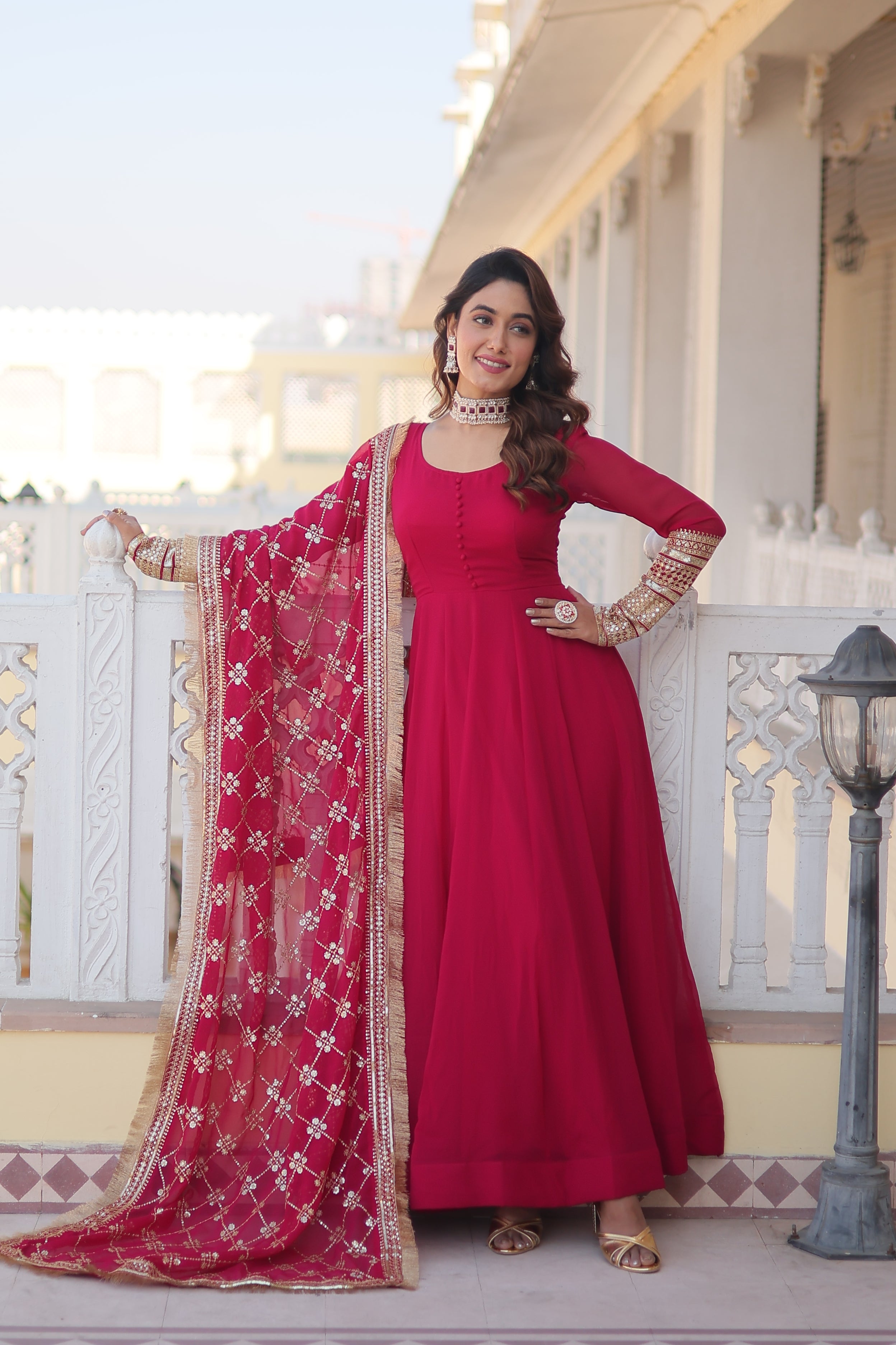 Pink Round Neck Full Sleeves Gown & Dupatta