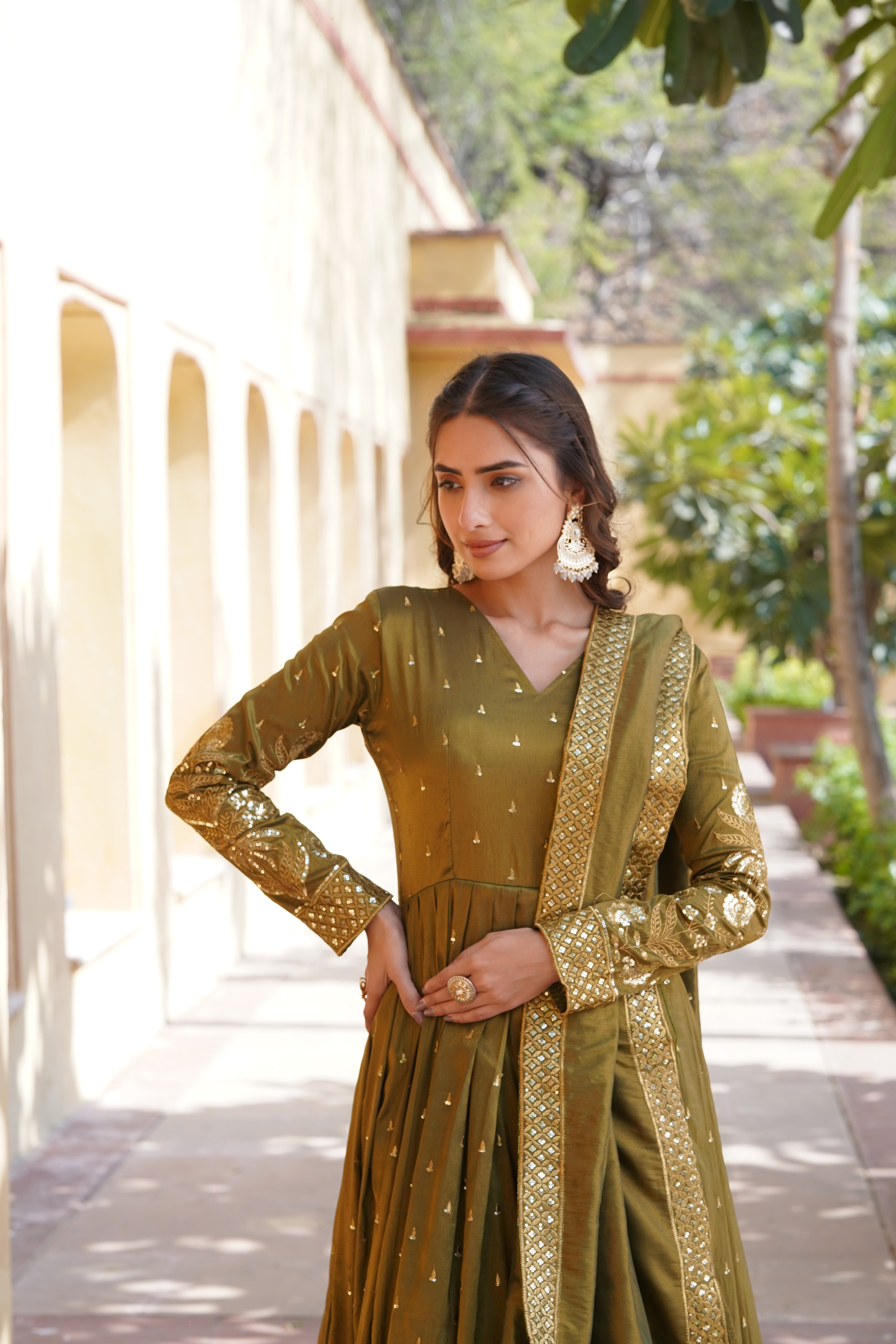 Mehendi Viscose Embroidery Zari Sequin Gown with Duppatta