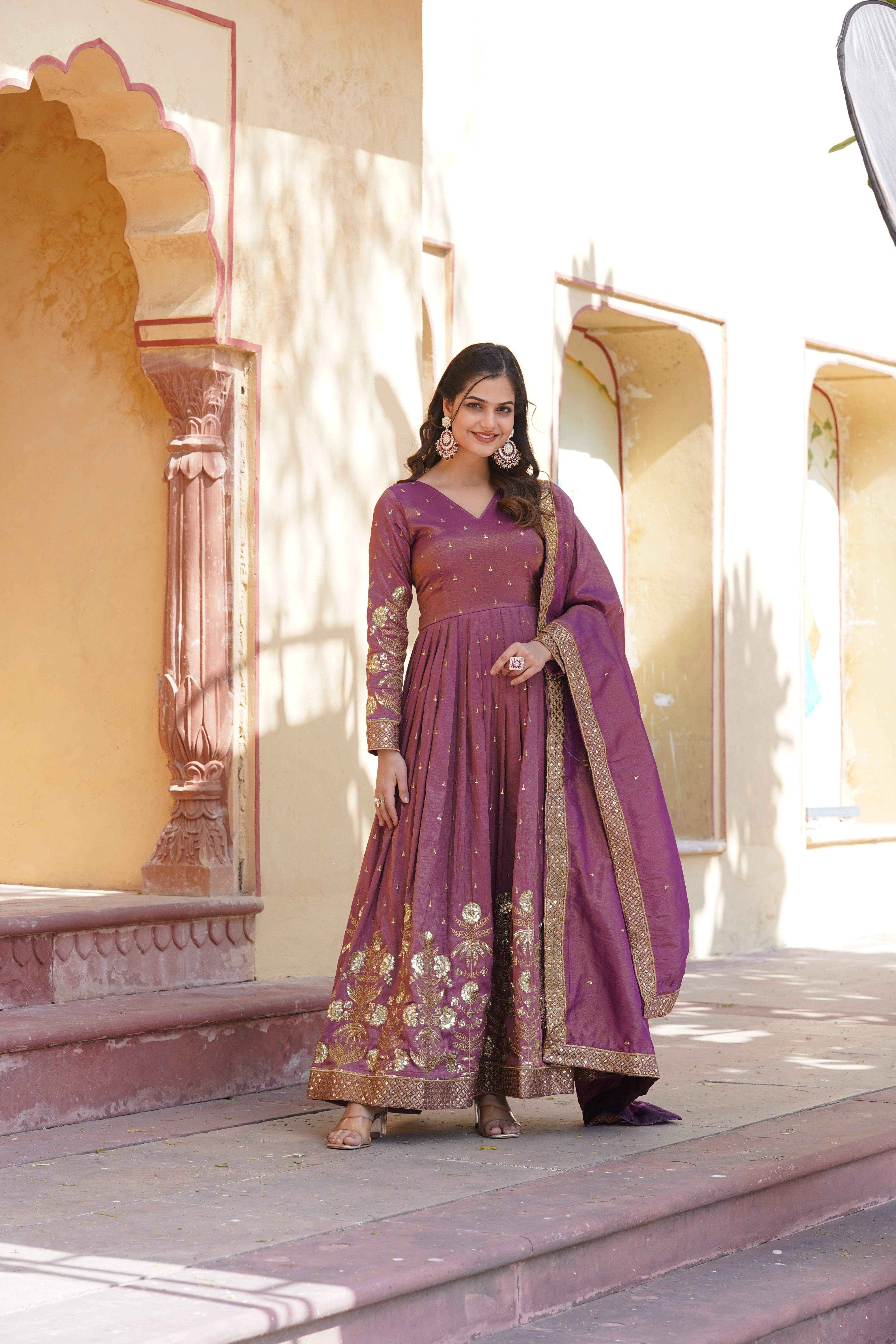 Purple Viscose Embroidery Zari Sequin Gown with Duppatta