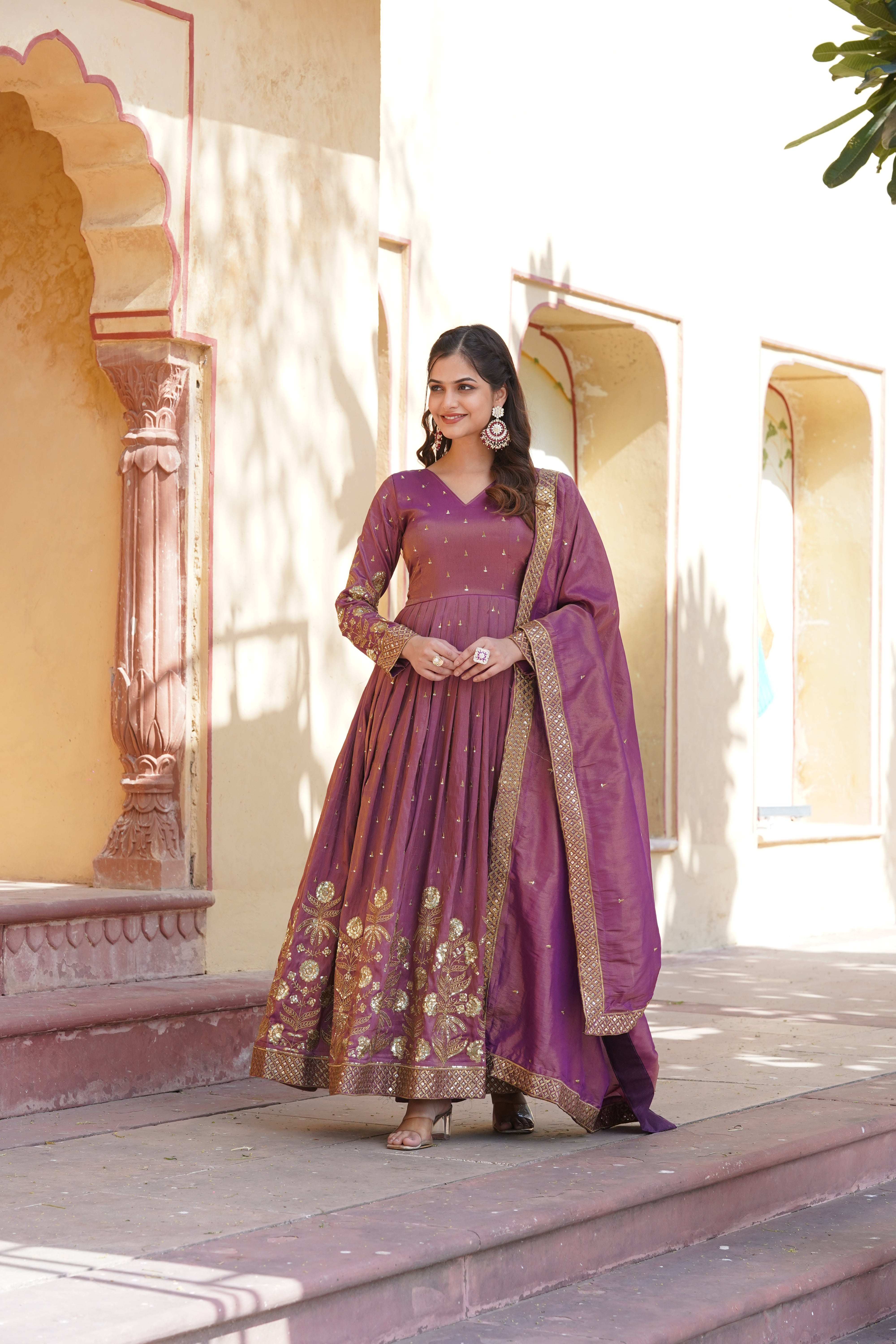 Purple Viscose Embroidery Zari Sequin Gown with Duppatta